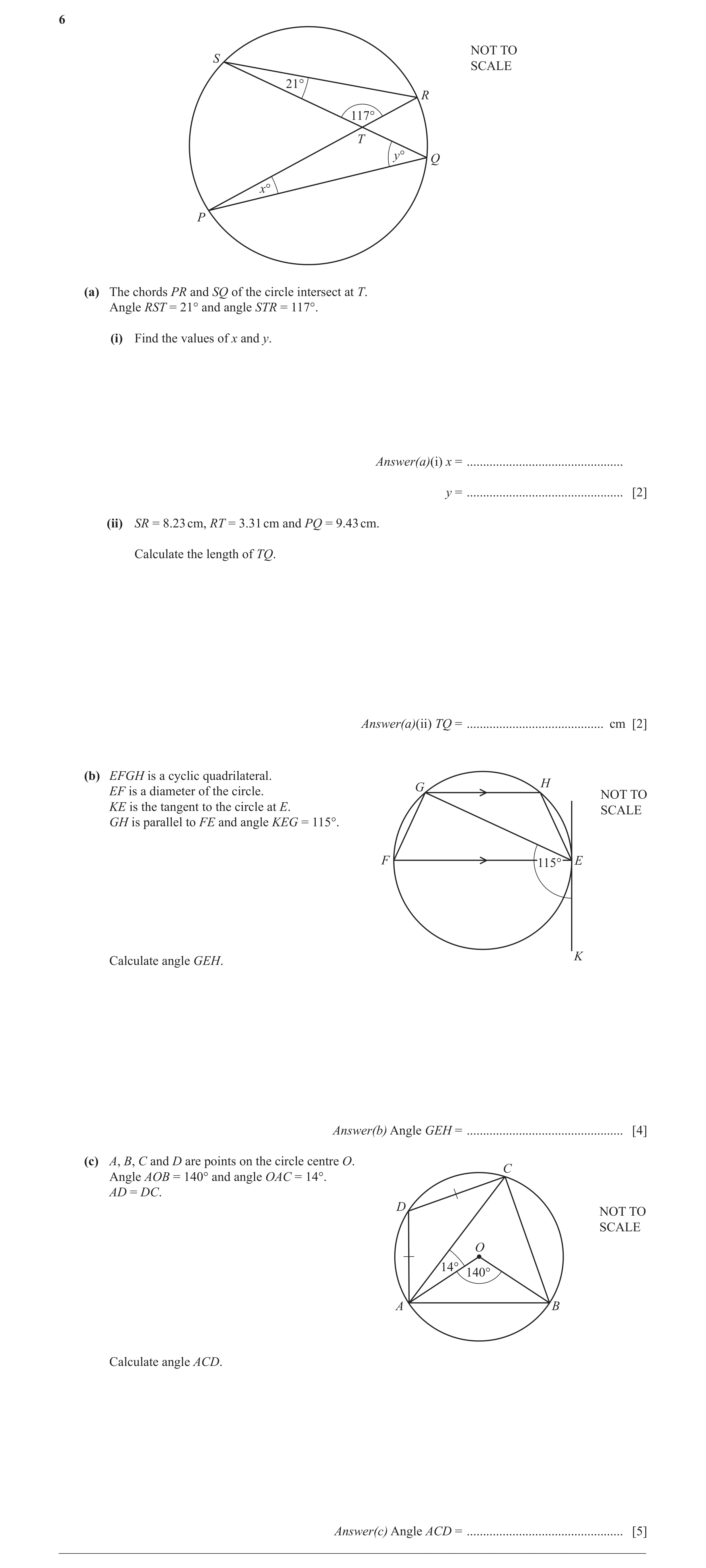 Question 5: NOT TO S SCALE 21° R 117° T y° Q x° P (a) The chords PR and SQ of the circle intersect at T. Angle RST = 21° and angle STR = 117°. (i) Find…