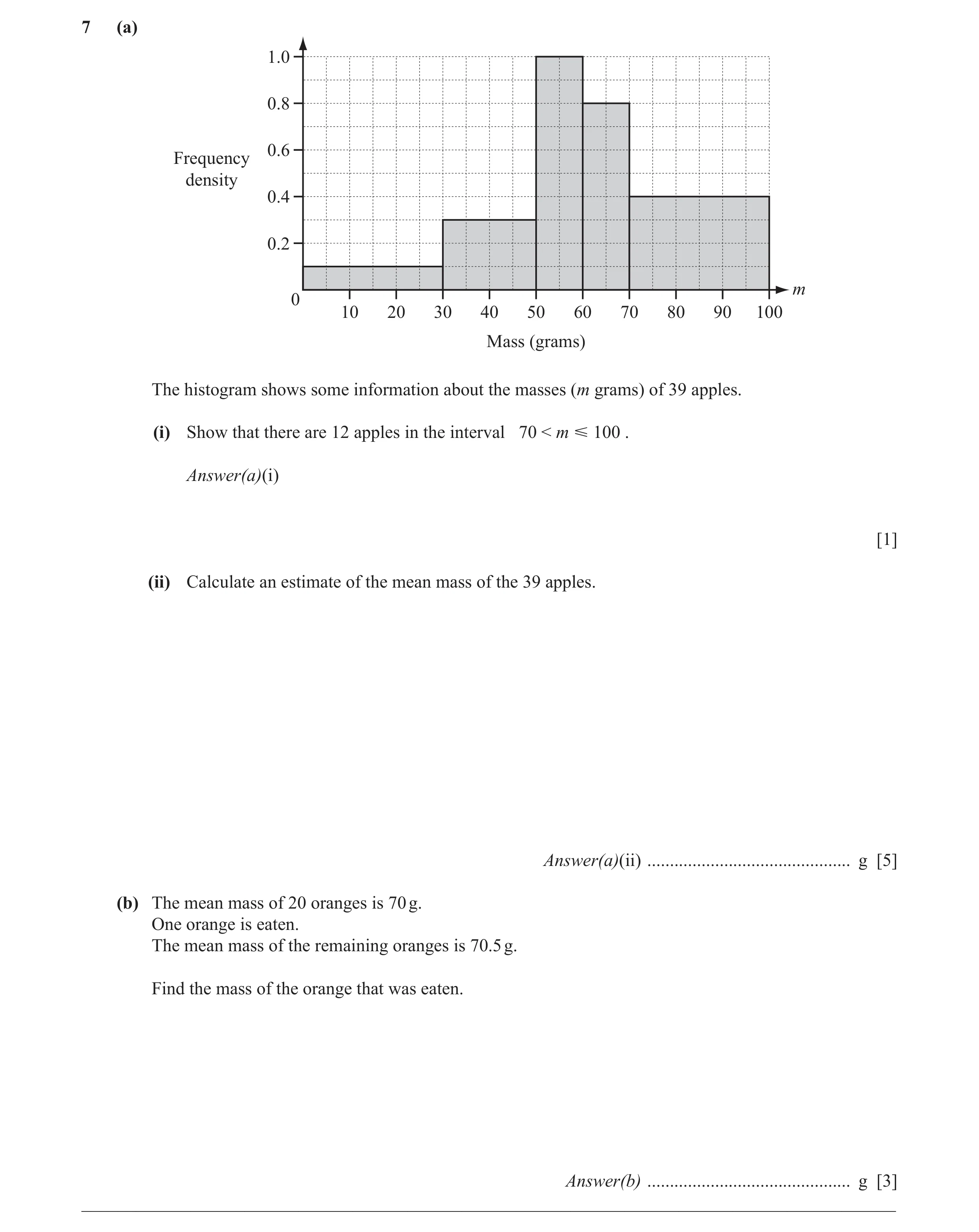 Question 11: (a) 1.0 0.8 0.6 Frequency density 0.4 0.2 m 0 10 20 30 40 50 60 70 80 90 100 Mass (grams) The histogram shows some information about the ma…