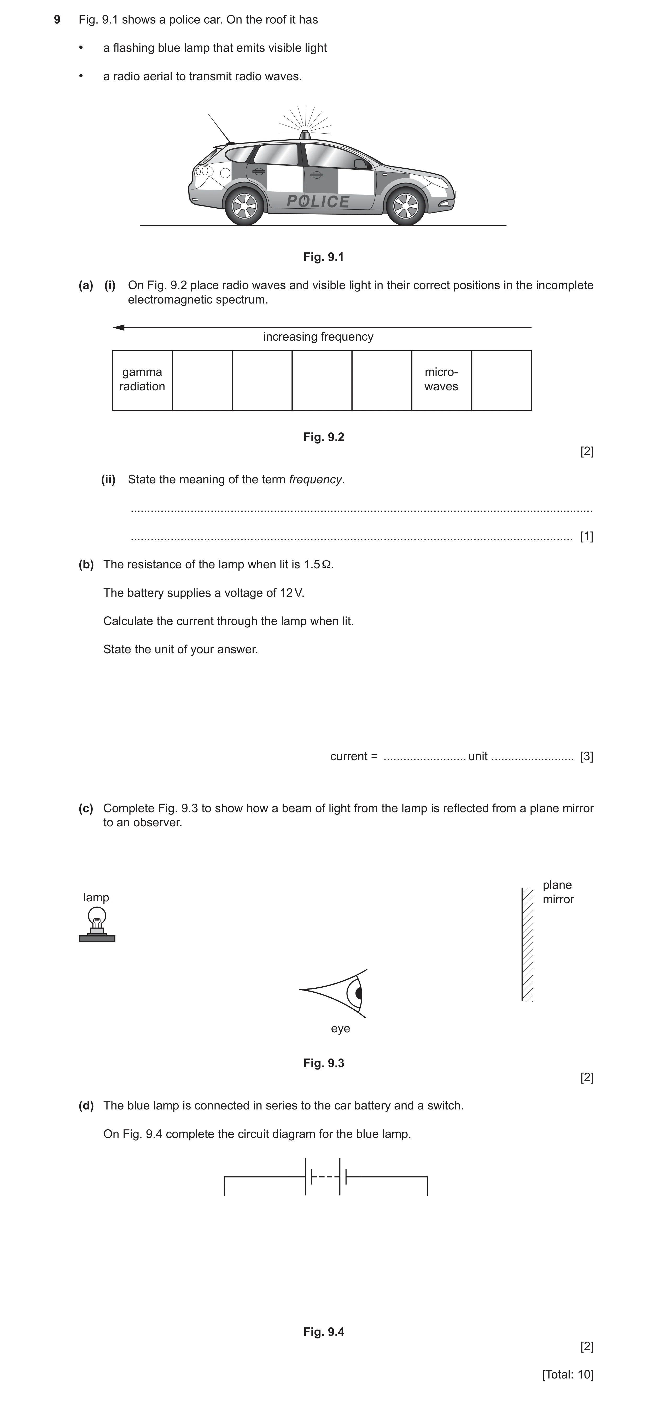 Question 11: Fig. 9.1 shows a police car. On the roof it has • a flashing blue lamp that emits visible light • a radio aerial to transmit radio waves. P…