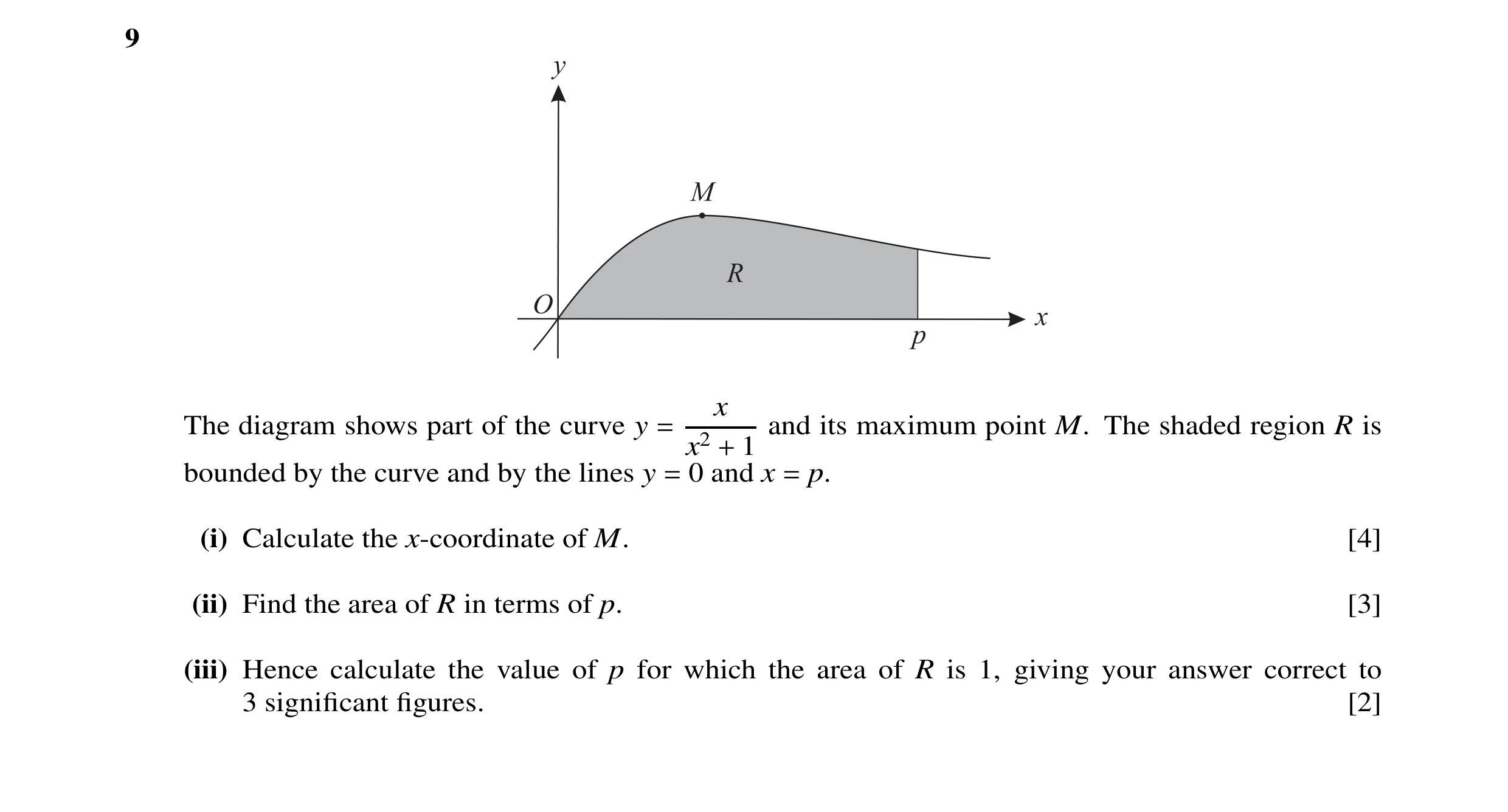 Question 1: x The diagram shows part of the curve y = and its maximum point M. The shaded region R is x2 + 1 bounded by the curve and by the lines y = …