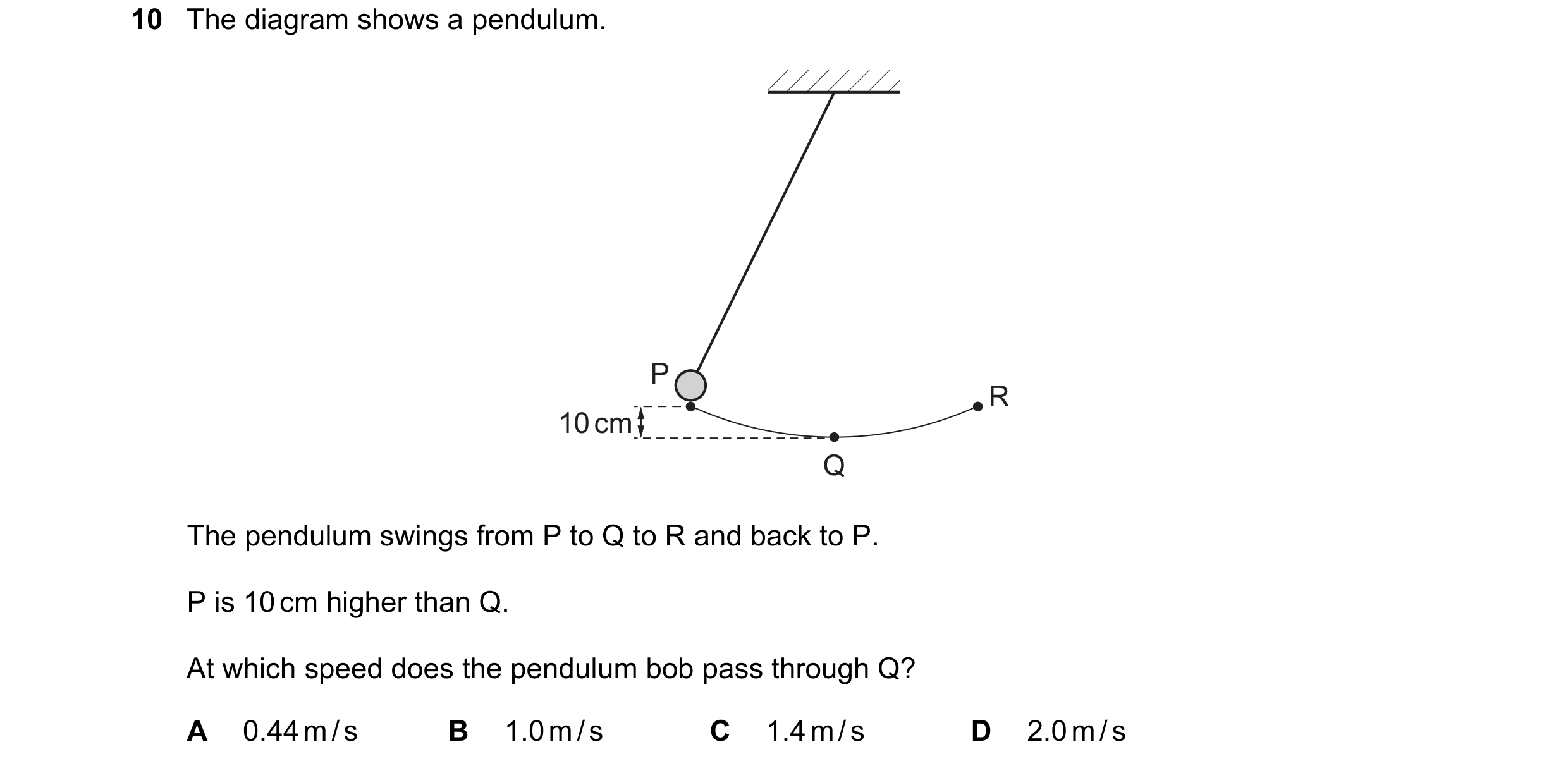 Question 60: The diagram shows a pendulum. P R 10 cm Q The pendulum swings from P to Q to R and back to P. P is 10 cm higher than Q. At which speed does…