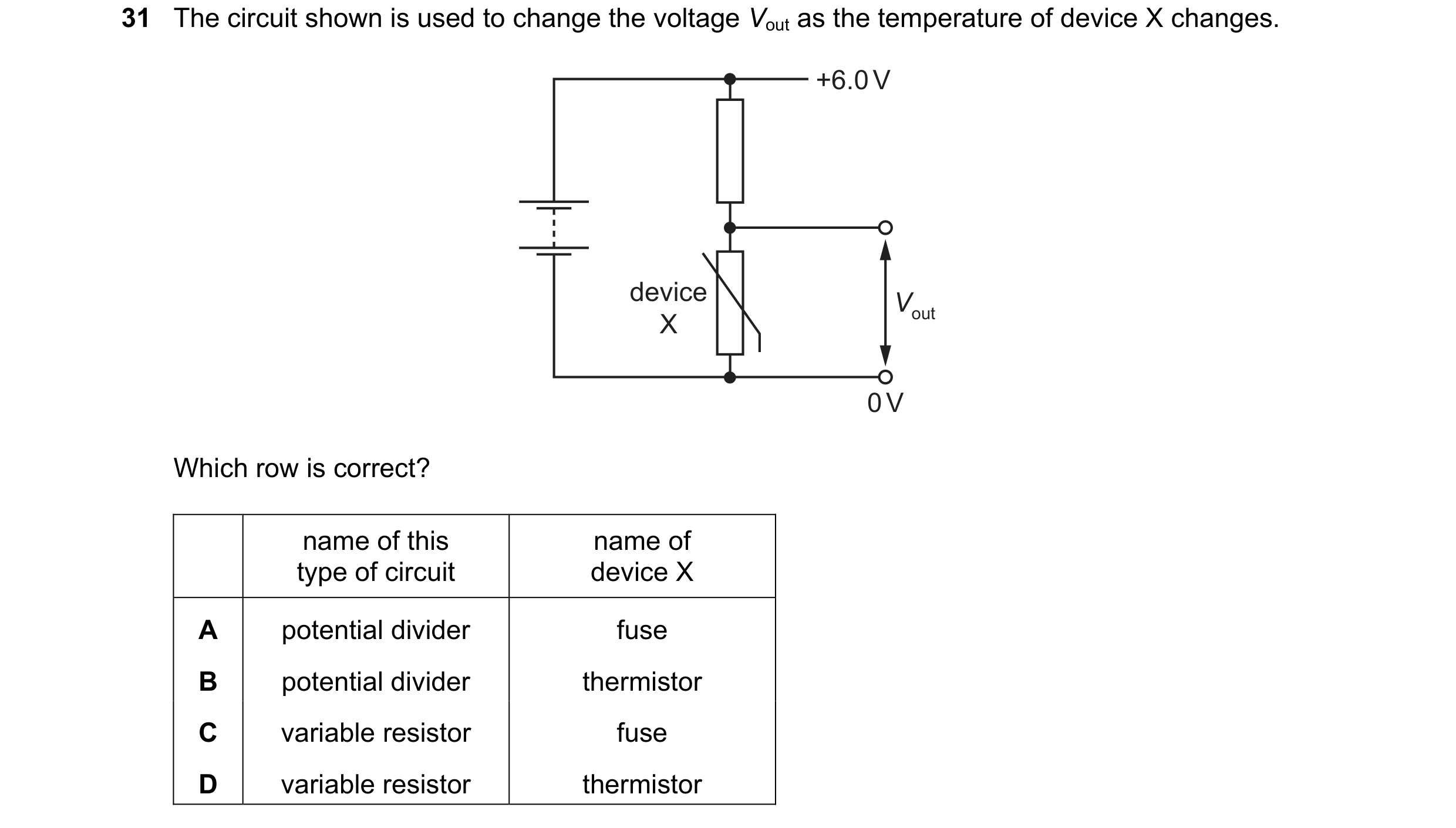 Question 84: The circuit shown is used to change the voltage Vout as the temperature of device X changes. +6.0 V device Vout X 0 V Which row is correct?…