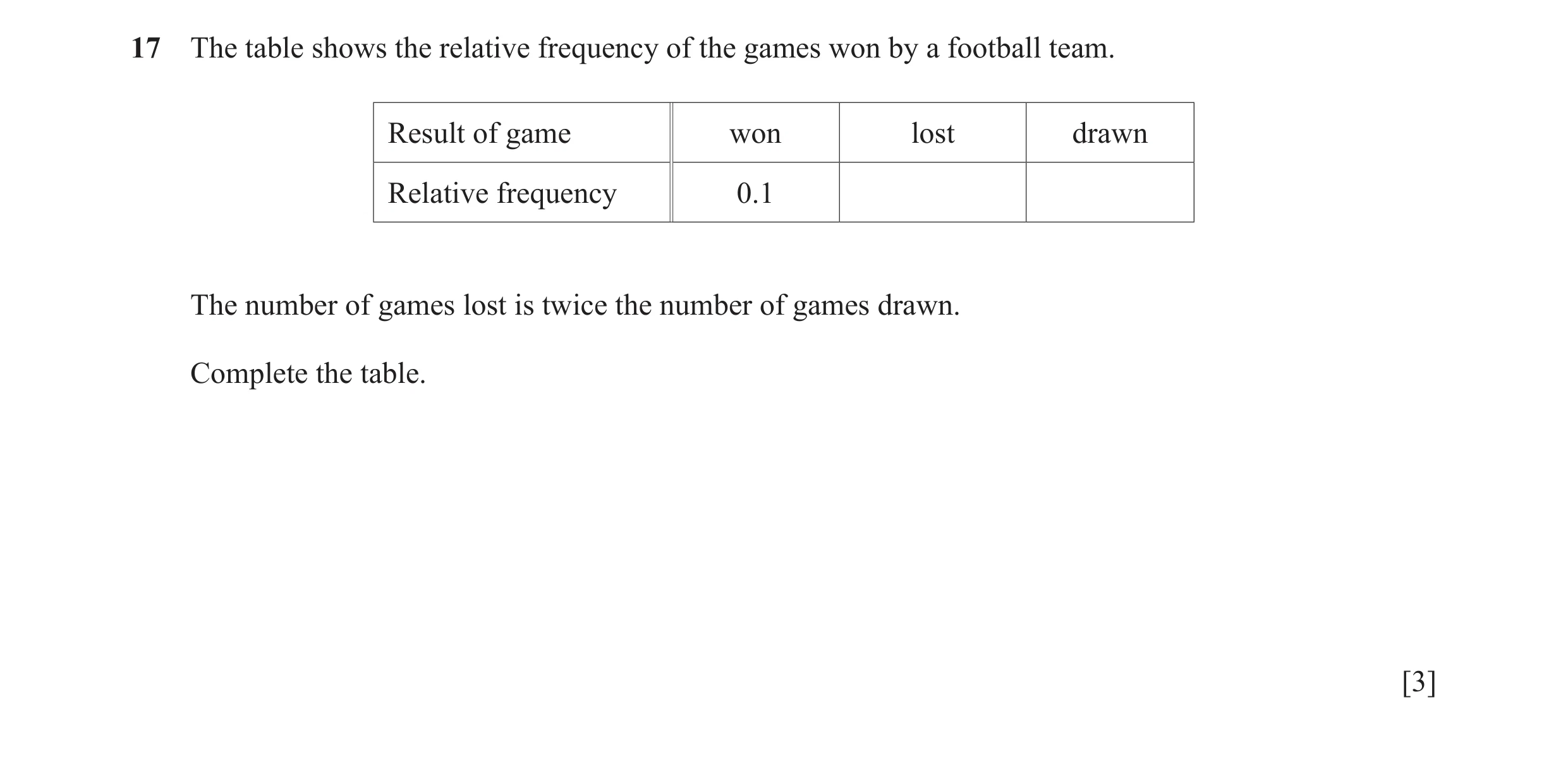Question 22: The table shows the relative frequency of the games won by a football team. Result of game won lost drawn Relative frequency 0.1 The number…