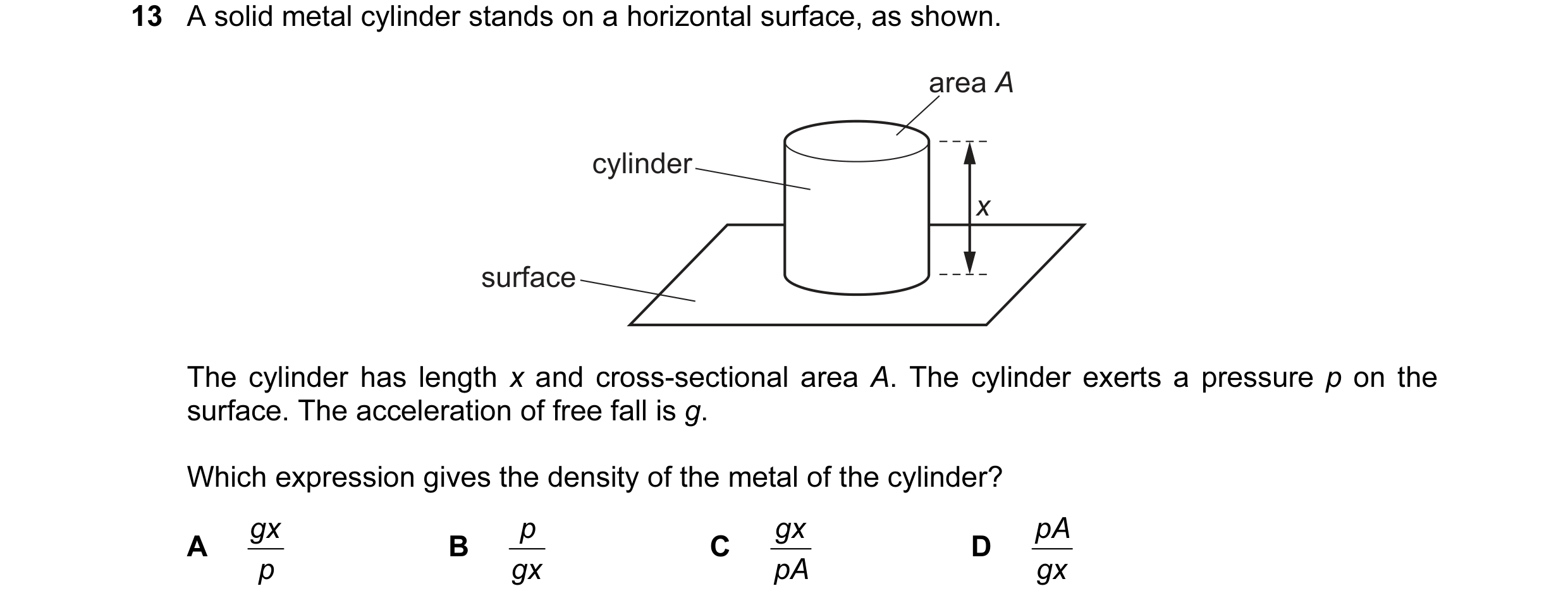 Question 69: A solid metal cylinder stands on a horizontal surface, as shown. area A cylinder x surface The cylinder has length x and cross-sectional ar…