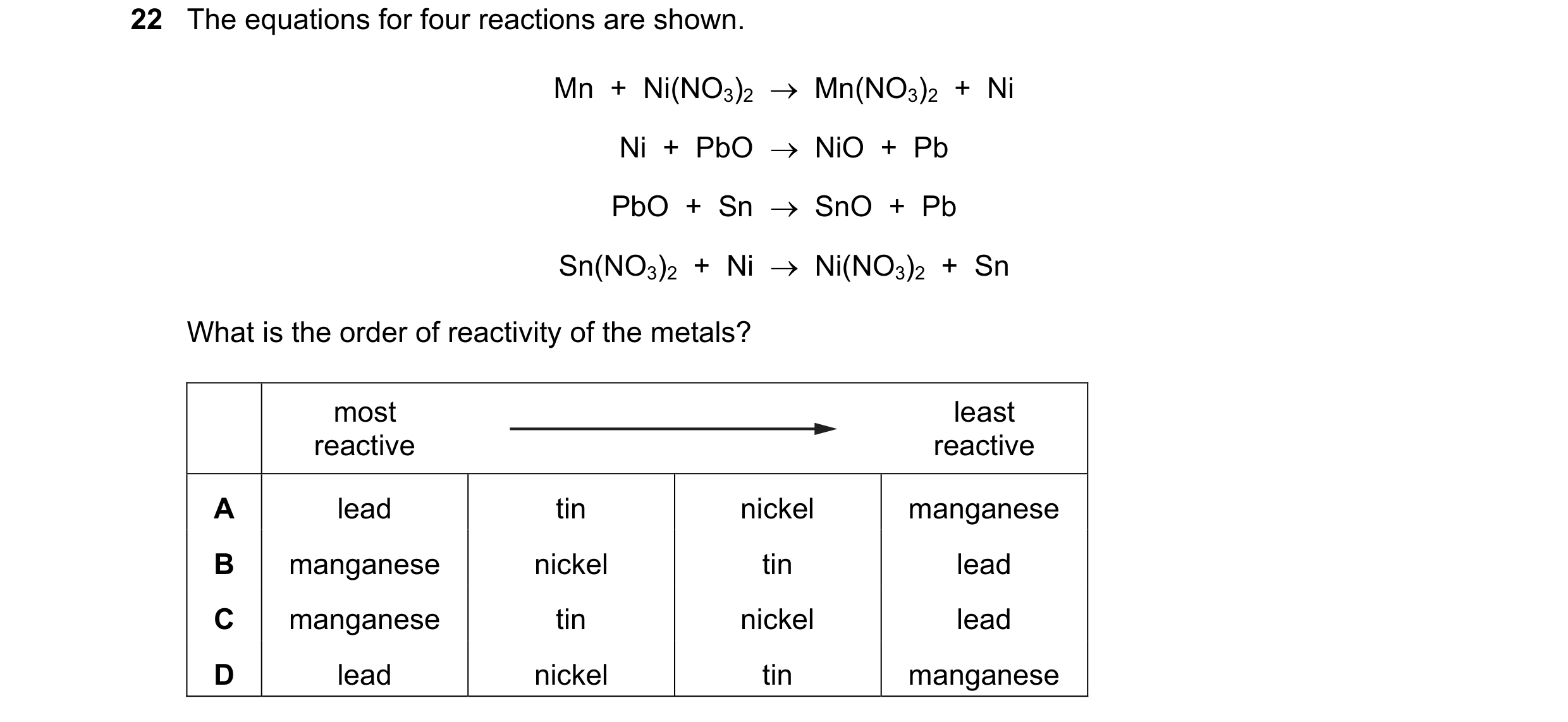 Question 8: The equations for four reactions are shown. Mn + Ni(NO3)2 Mn(NO3)2 + Ni Ni + PbO NiO + Pb PbO + Sn SnO + Pb Sn(NO3)…