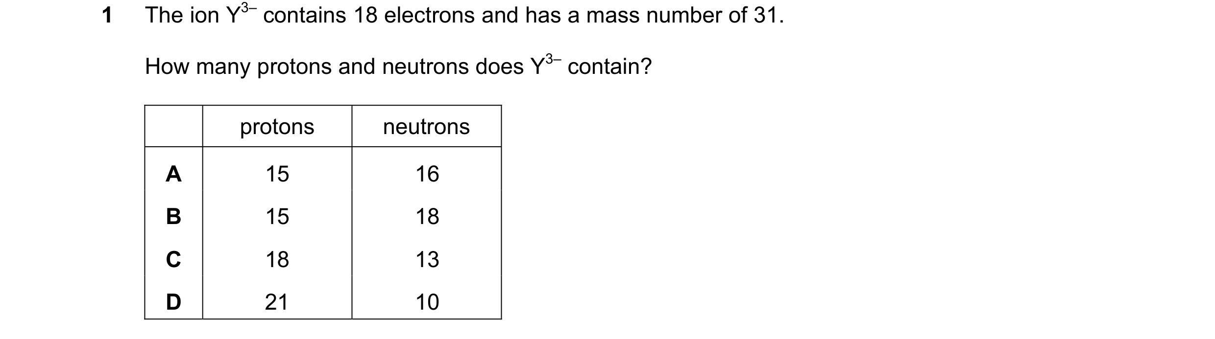 Question 69: The ion Y3– contains 18 electrons and has a mass number of 31. How many protons and neutrons does Y3– contain? protons neutrons A 15 16 B 1…