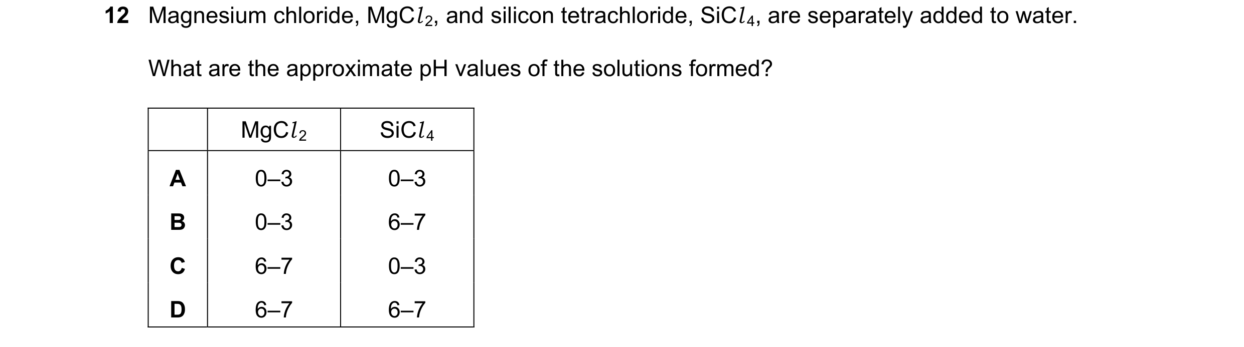 Question 66: Magnesium chloride, MgCl 2, and silicon tetrachloride, SiCl 4, are separately added to water. What are the approximate pH values of the sol…