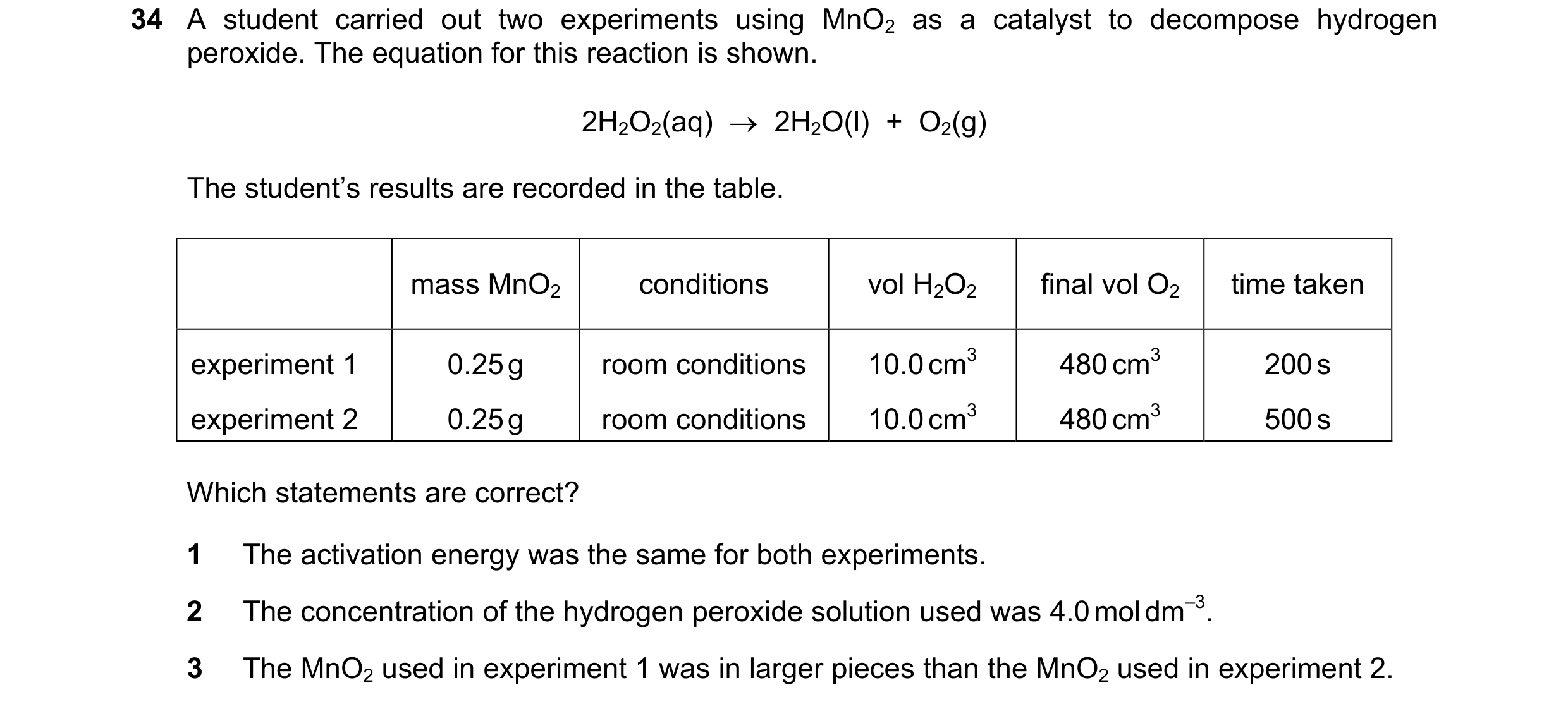 Question 37: A student carried out two experiments using MnO2 as a catalyst to decompose hydrogen peroxide. The equation for this reaction is shown. 2H2…