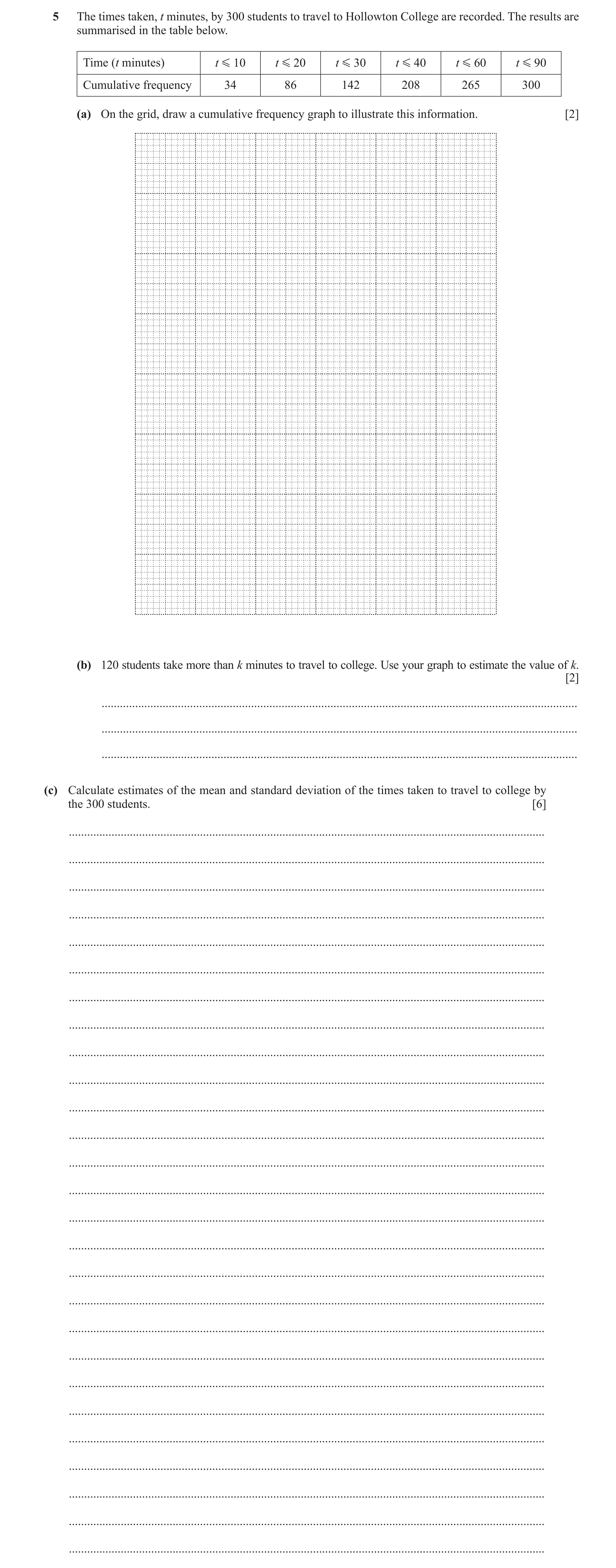 Question 44: The times taken, t minutes, by 300 students to travel to Hollowton College are recorded. The results are summarised in the table below. Tim…