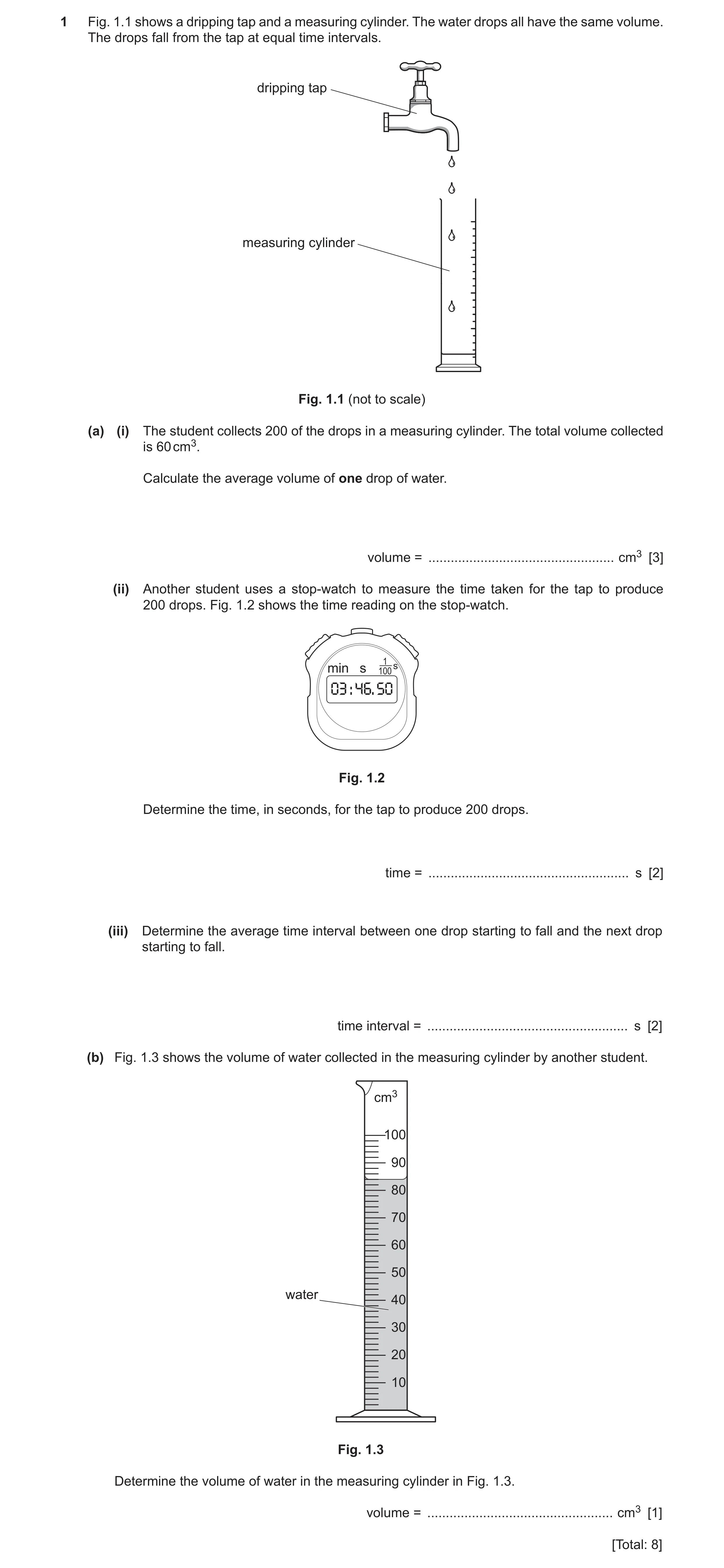 Question 28: Fig. 1.1 shows a dripping tap and a measuring cylinder. The water drops all have the same volume. The drops fall from the tap at equal time…