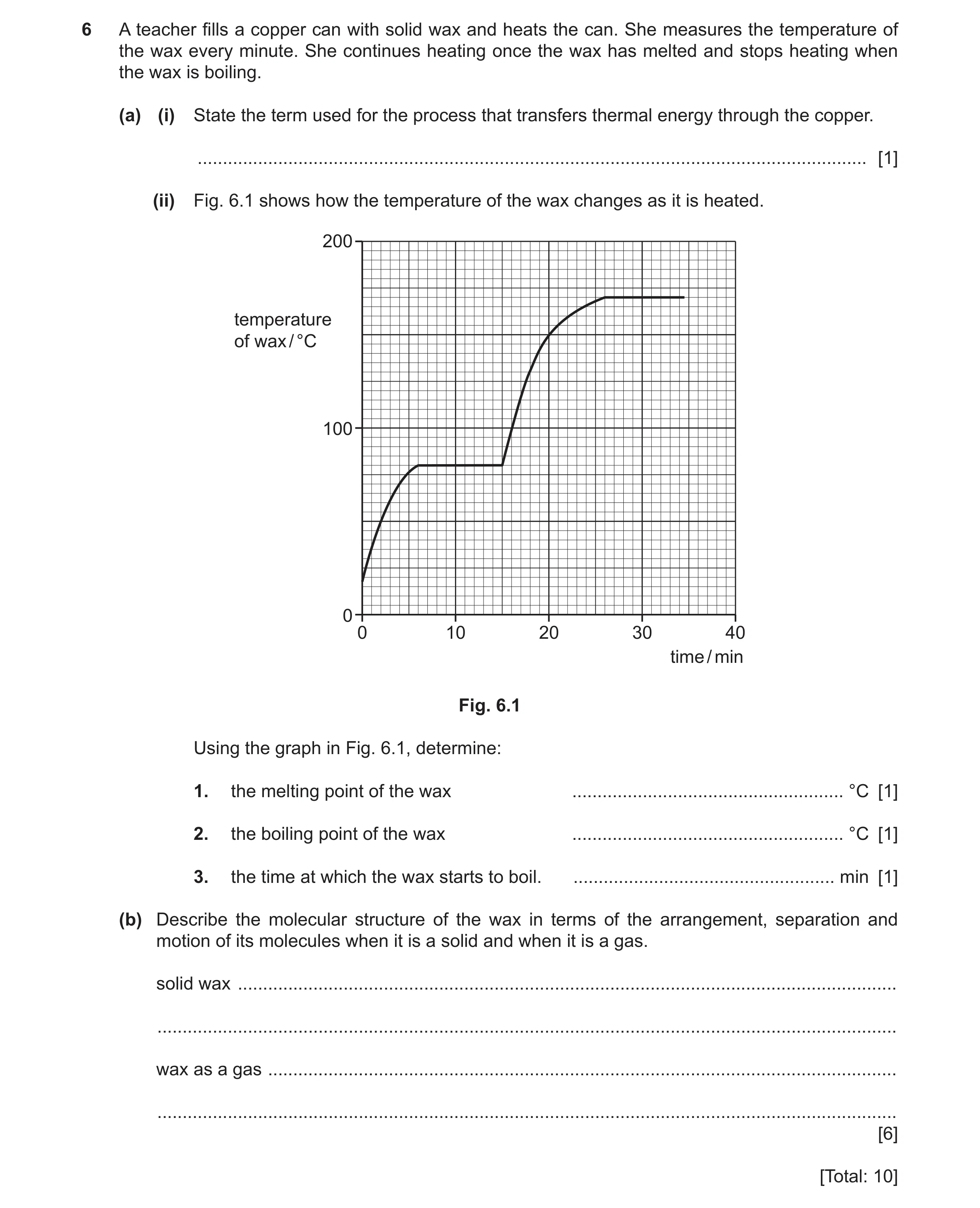 Question 32: A teacher fills a copper can with solid wax and heats the can. She measures the temperature of the wax every minute. She continues heating …
