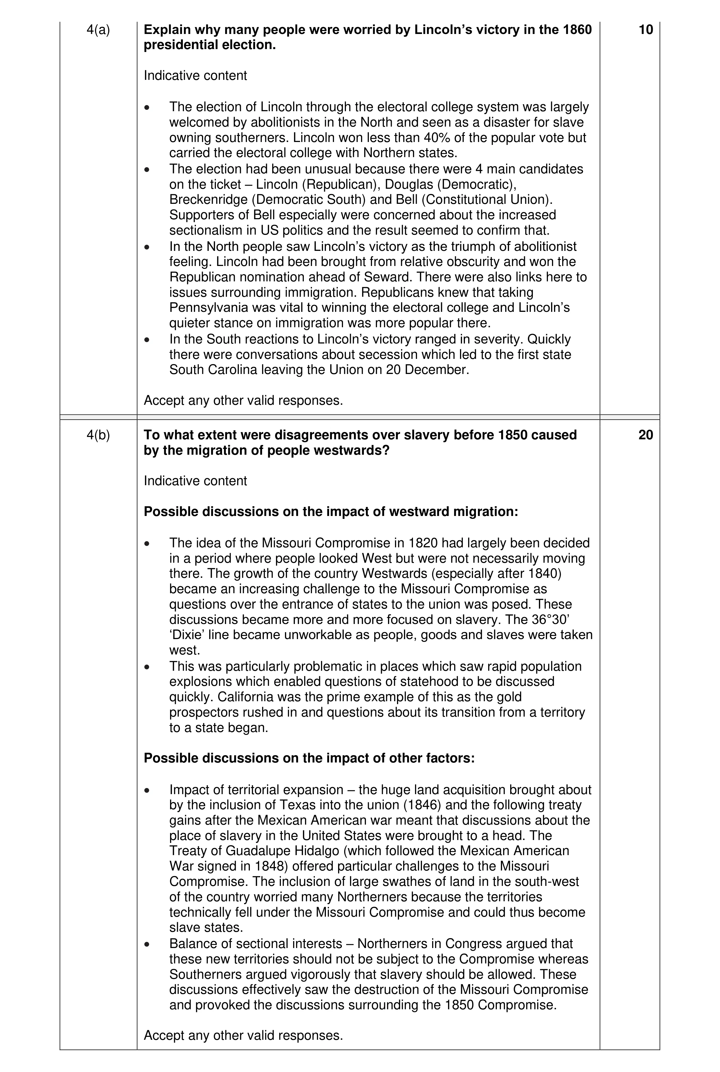 Mark scheme for question 4