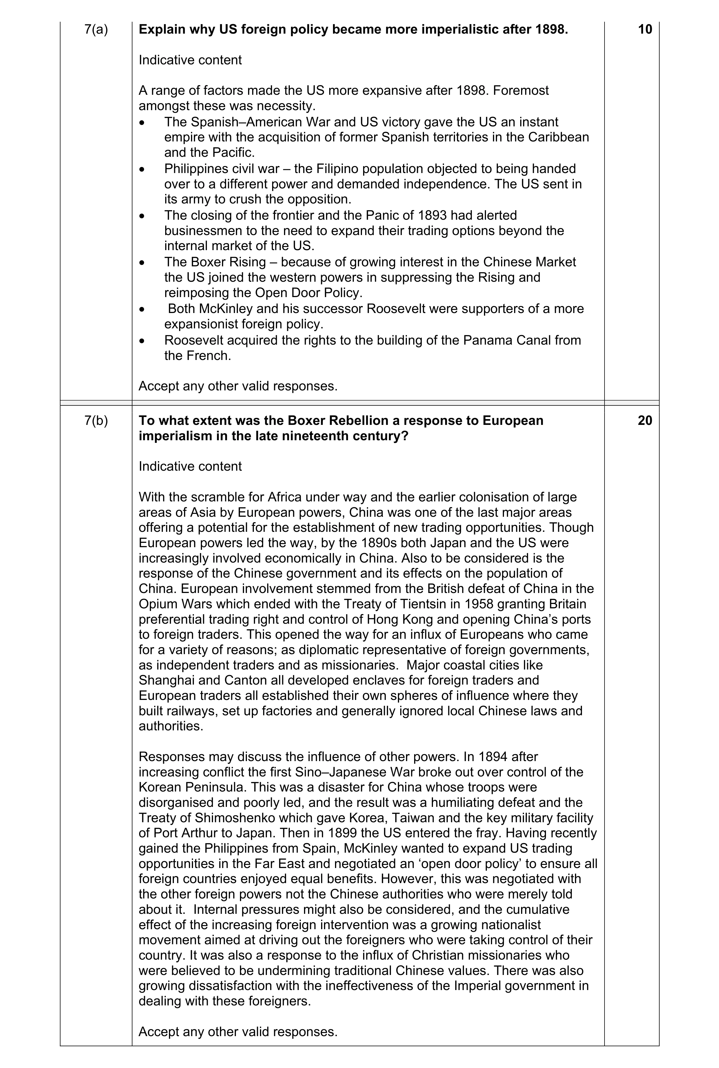 Mark scheme for question 7