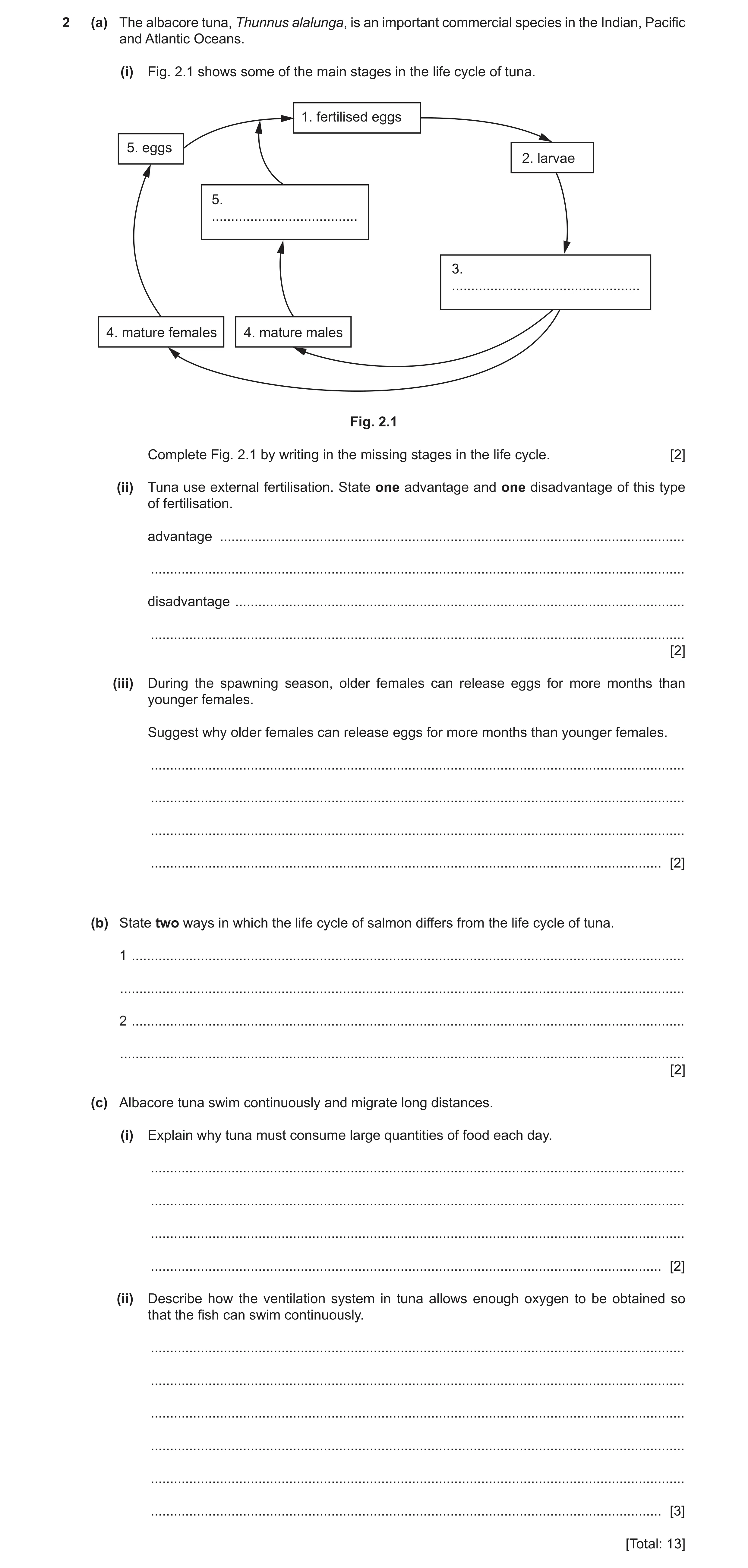 Question 9: (a) The albacore tuna, Thunnus alalunga, is an important commercial species in the Indian, Pacific and Atlantic Oceans. (i) Fig. 2.1 shows …
