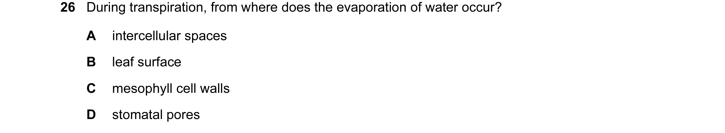 Question 53: During transpiration, from where does the evaporation of water occur? A intercellular spaces B leaf surface C mesophyll cell walls D stomat…