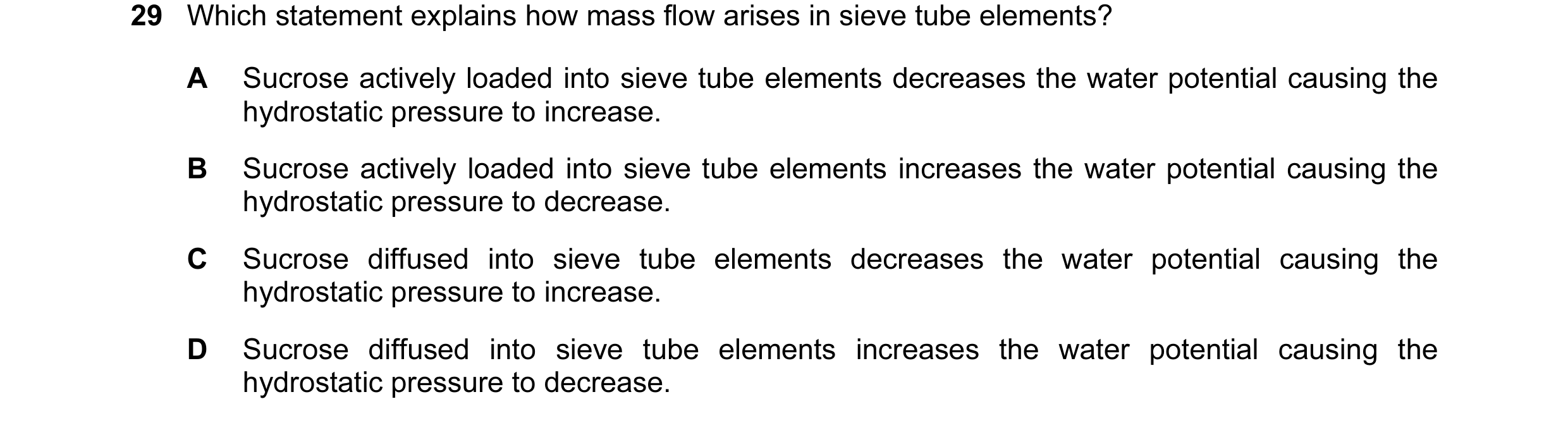 Question 56: Which statement explains how mass flow arises in sieve tube elements? A Sucrose actively loaded into sieve tube elements decreases the wate…