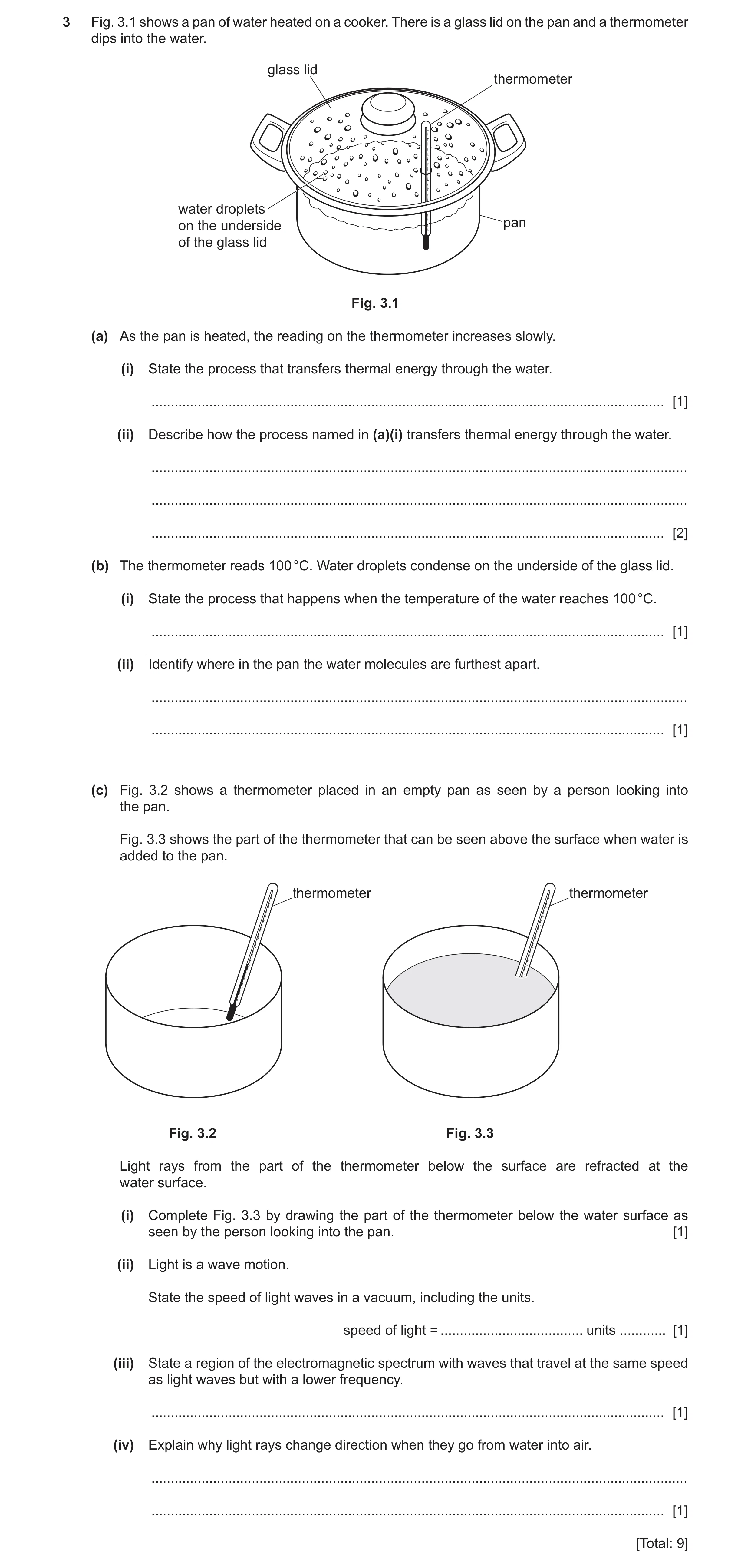 Question 29: Fig. 3.1 shows a pan of water heated on a cooker. There is a glass lid on the pan and a thermometer dips into the water. glass lid thermome…