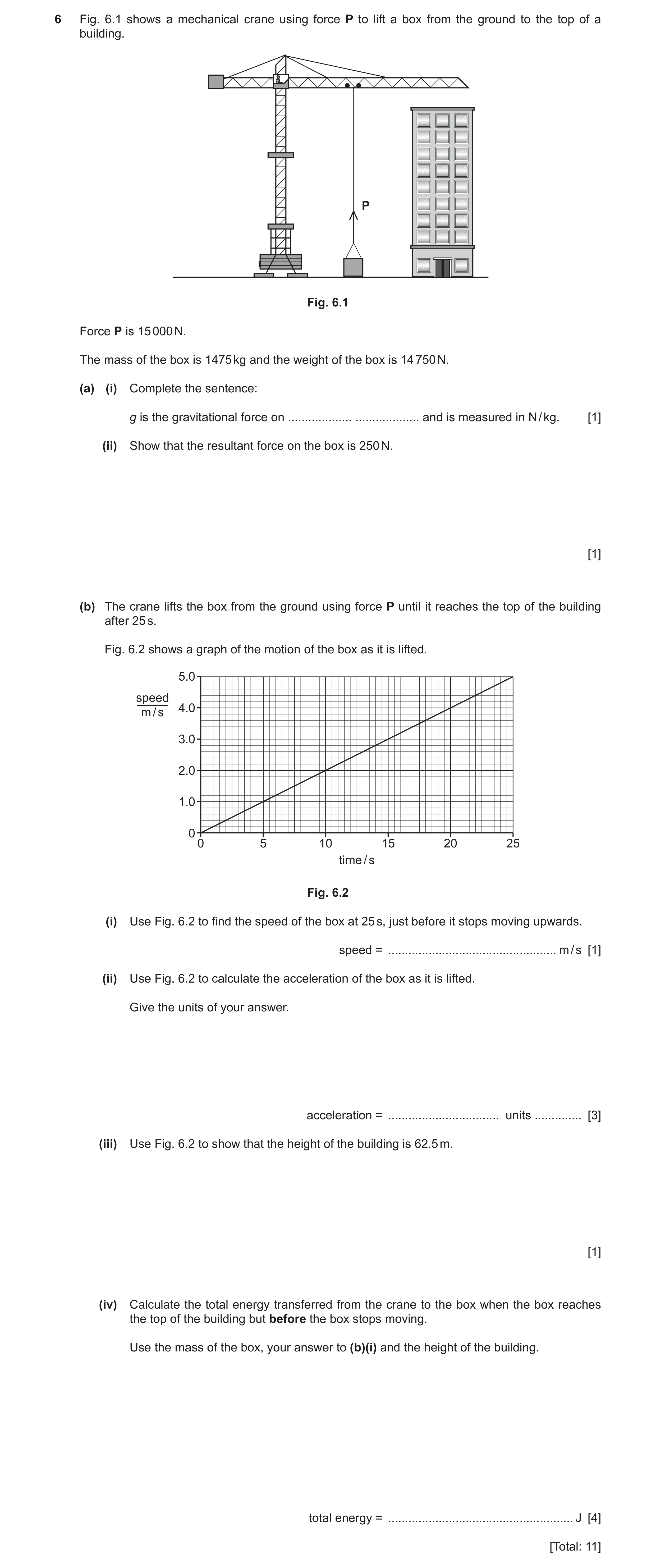 Question 13: Fig. 6.1 shows a mechanical crane using force P to lift a box from the ground to the top of a building. P Fig. 6.1 Force P is 15 000 N. The…