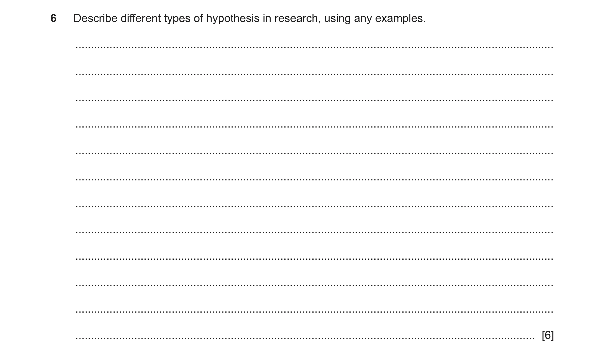 Question 168: Describe different types of hypothesis in research, using any examples. ...................................................................…