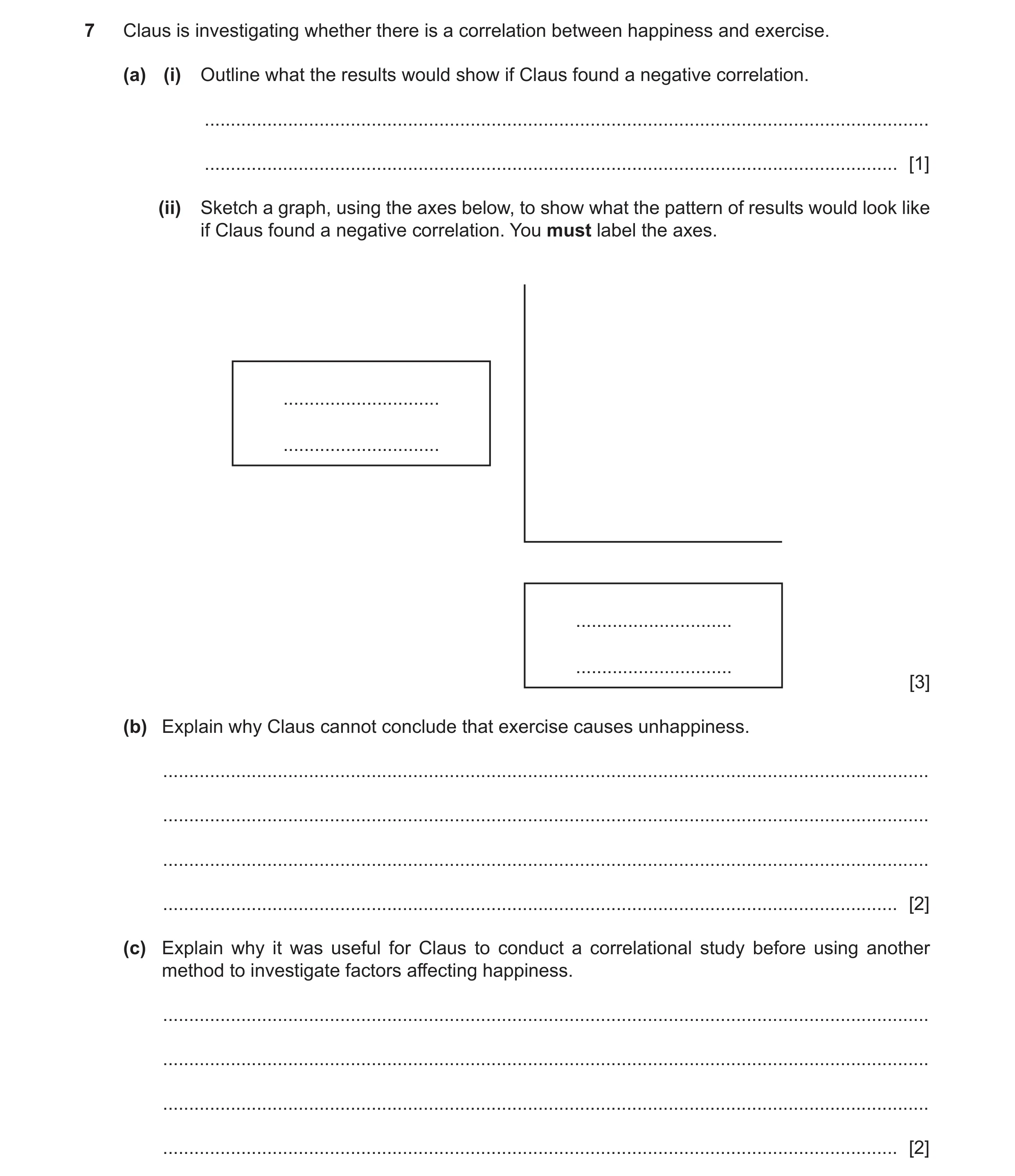 Question 169: Claus is investigating whether there is a correlation between happiness and exercise. (a) (i) Outline what the results would show if Claus …