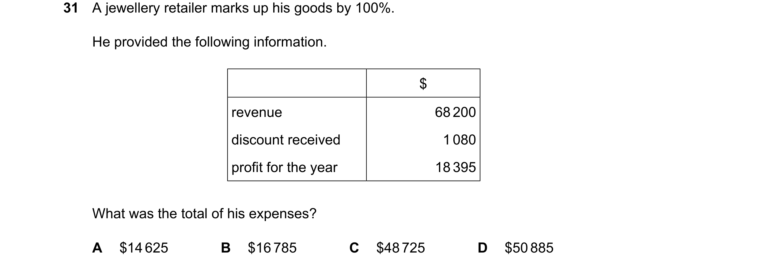 Question 40: A jewellery retailer marks up his goods by 100%. He provided the following information. $ revenue 68200 discount received 1080 profit for t…