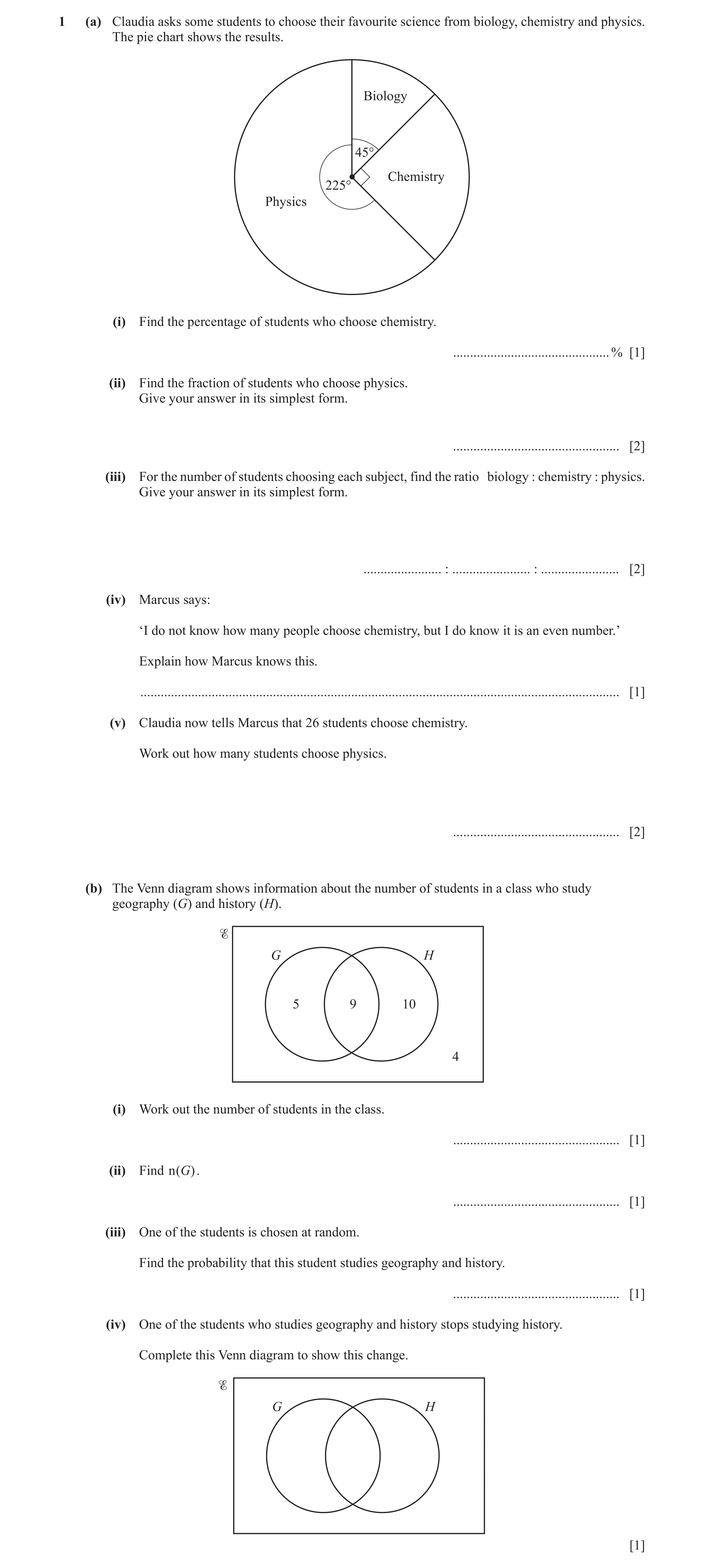 Question 86: (a) Claudia asks some students to choose their favourite science from biology, chemistry and physics. The pie chart shows the results. Biol…