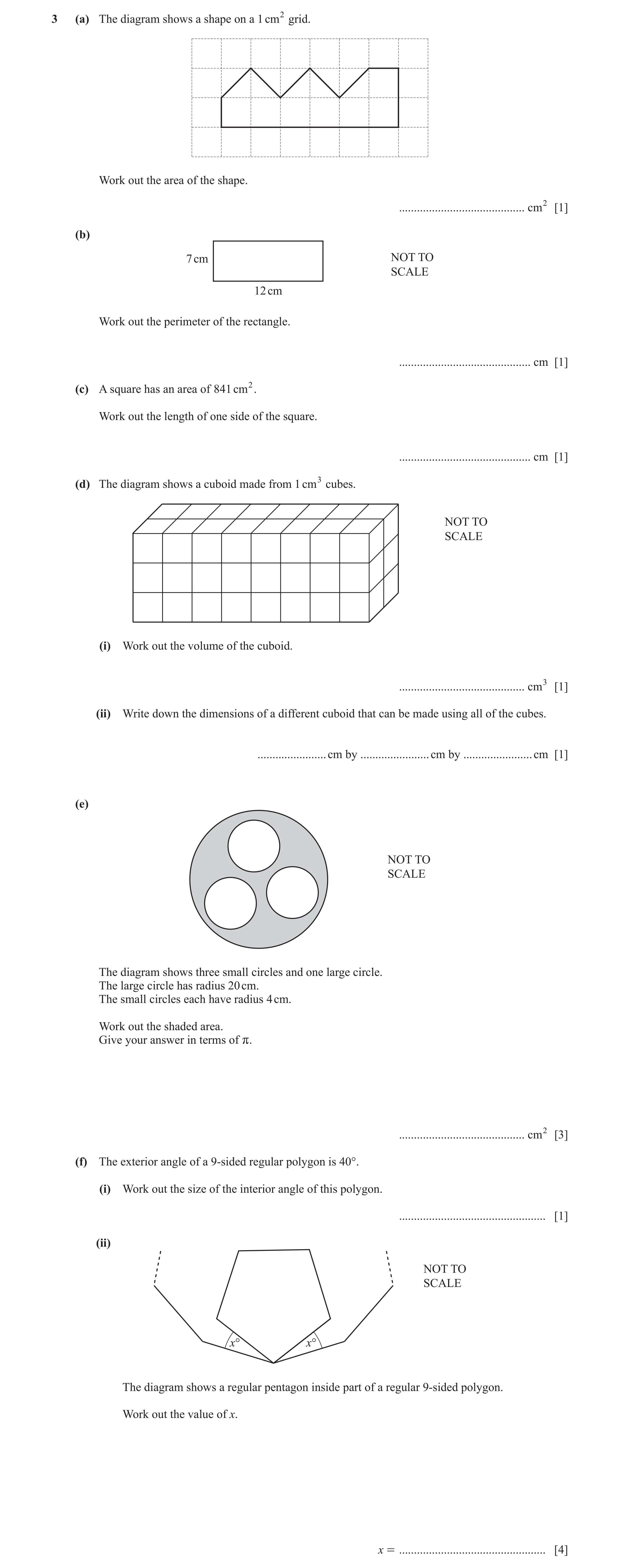 Question 88: (a) The diagram shows a shape on a 1 cm 2 grid. Work out the area of the shape. .......................................... cm2 [1] (b) 7 cm…