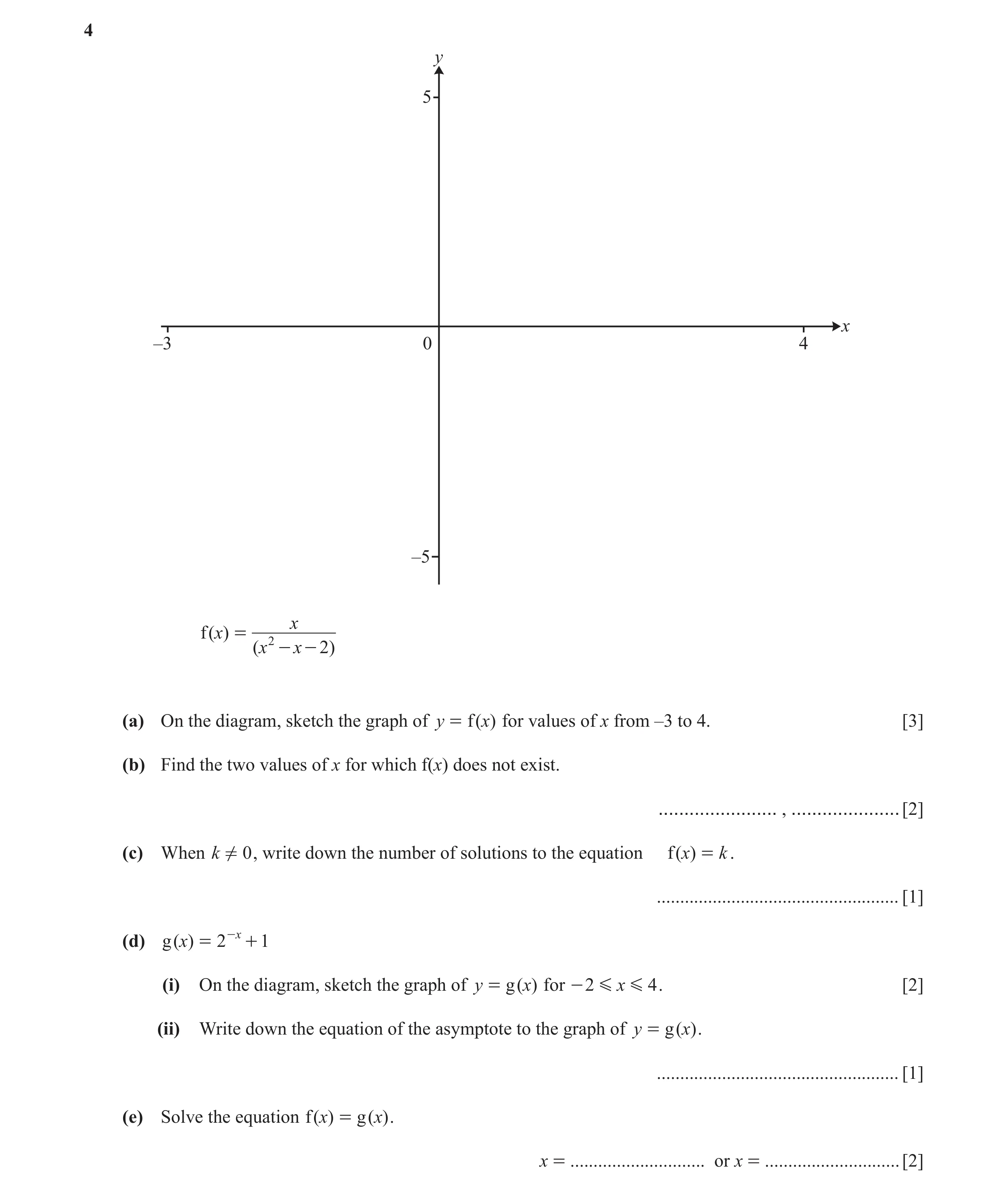 Question 4: y 5 x –3 0 4 –5 x f (x) = 2 (x - x - 2) (a) On the diagram, sketch the graph of y = f (x) for values of x from –3 to 4. [3] (b) Find the tw…