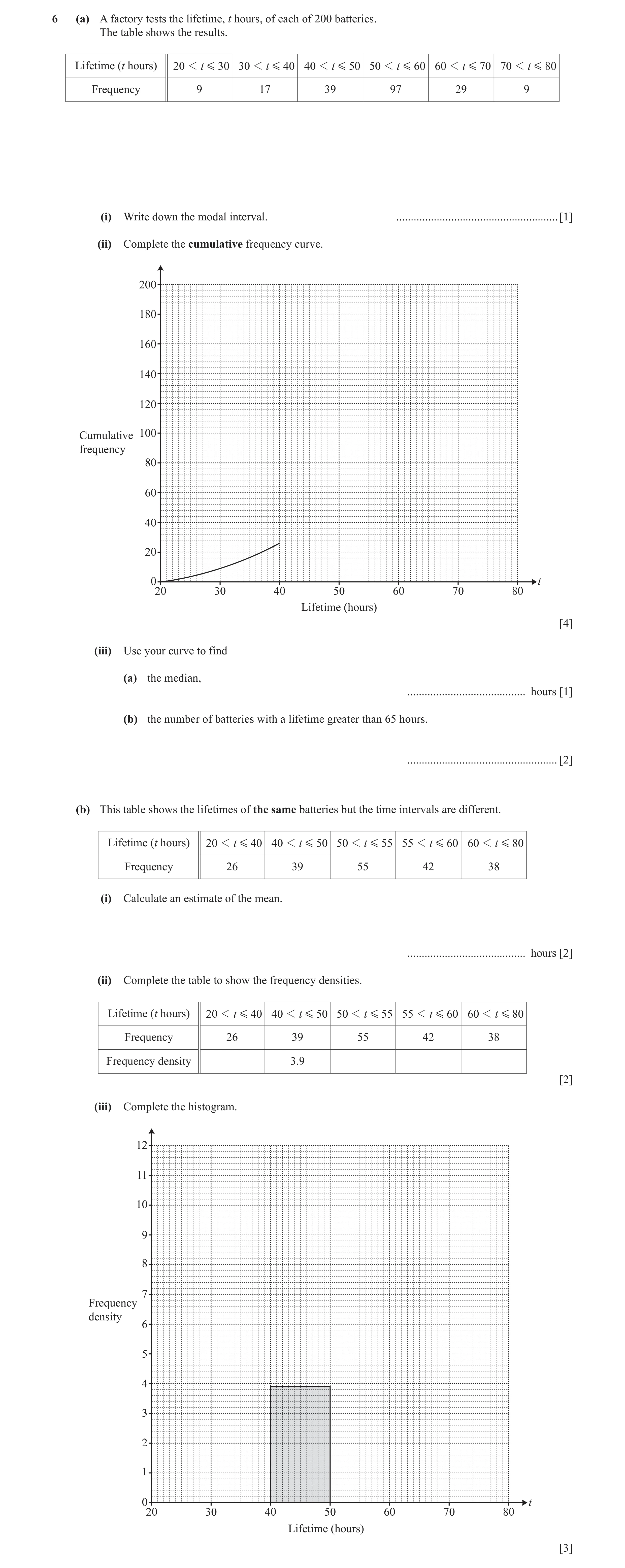 Question 5: (a) A factory tests the lifetime, t hours, of each of 200 batteries. The table shows the results. Lifetime (t hours) 20 1 t G 30 30 1 t G 4…