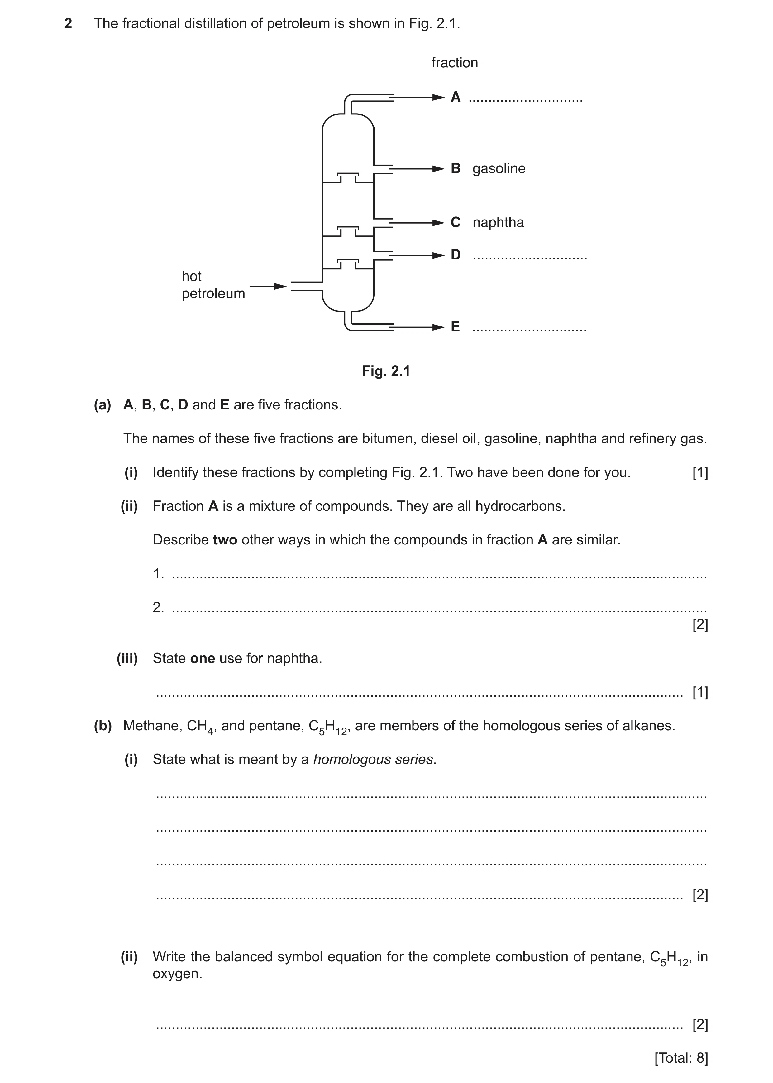 Question 7: The fractional distillation of petroleum is shown in Fig. 2.1. fraction A ............................. B gasoline C naphtha D ............…