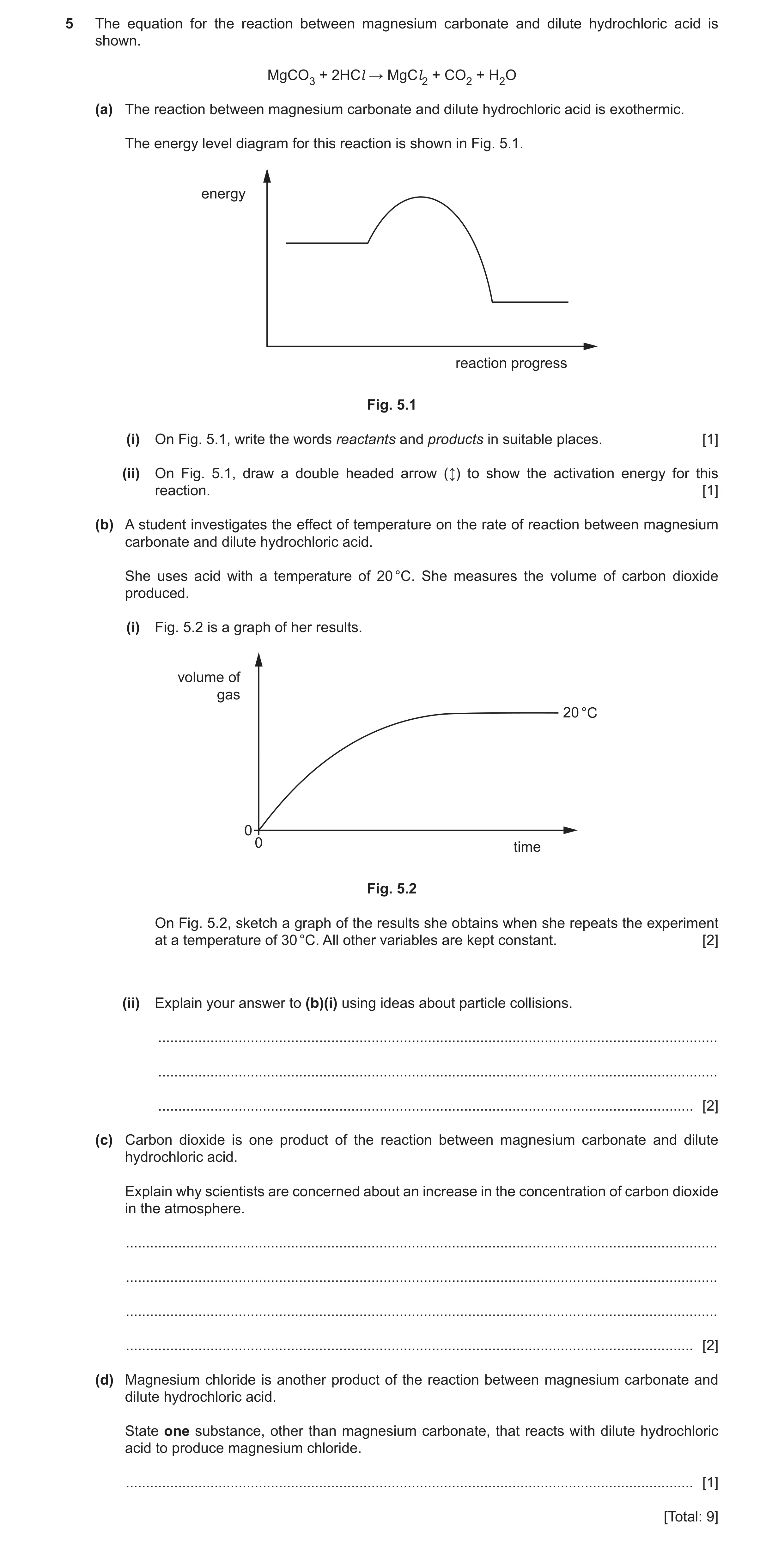 Question 15: The equation for the reaction between magnesium carbonate and dilute hydrochloric acid is shown. MgCO3 + 2HCl → MgCl2 + CO2 + H2O (a) The r…
