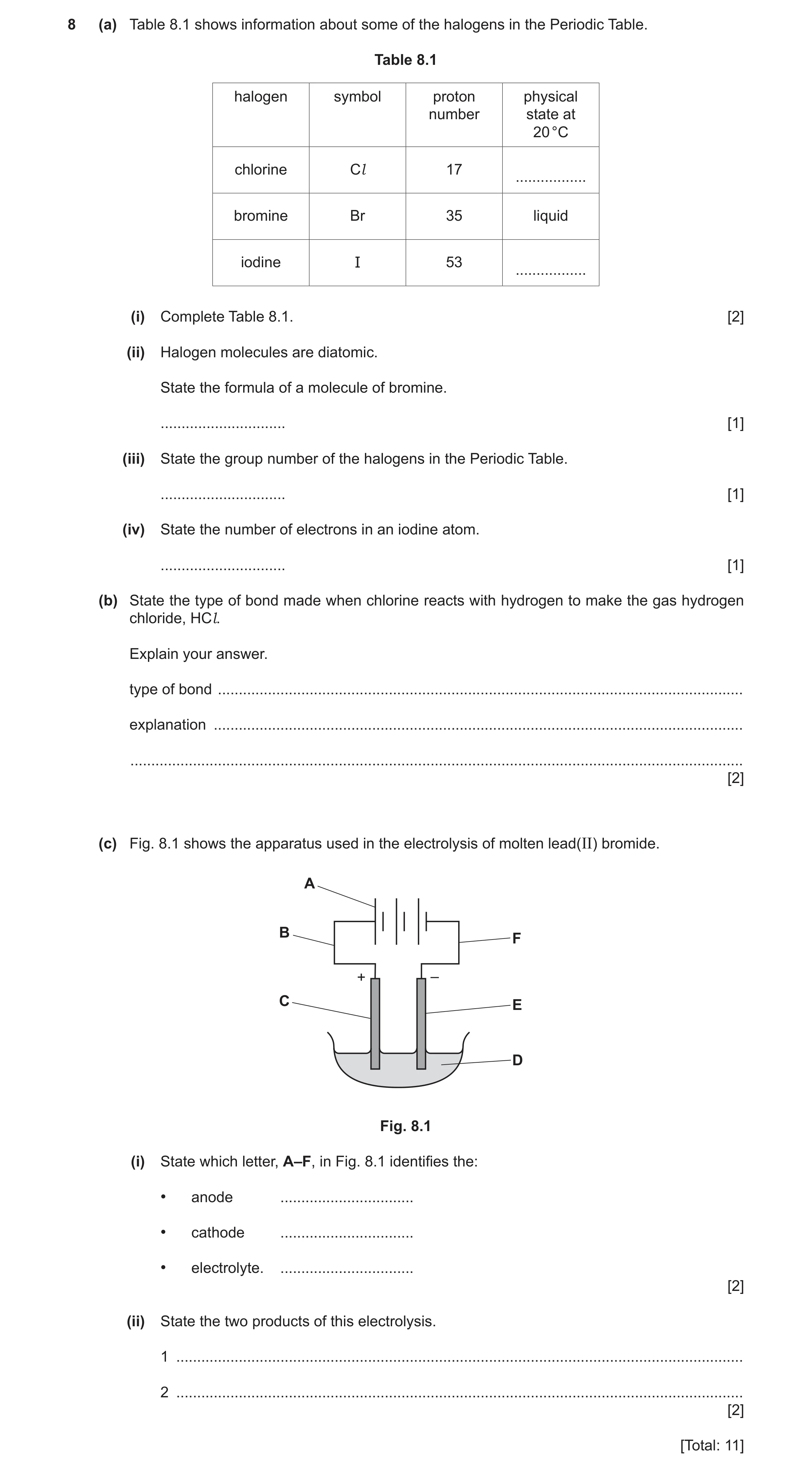 Question 22: (a) Table 8.1 shows information about some of the halogens in the Periodic Table. Table 8.1 halogen symbol proton physical number state at …