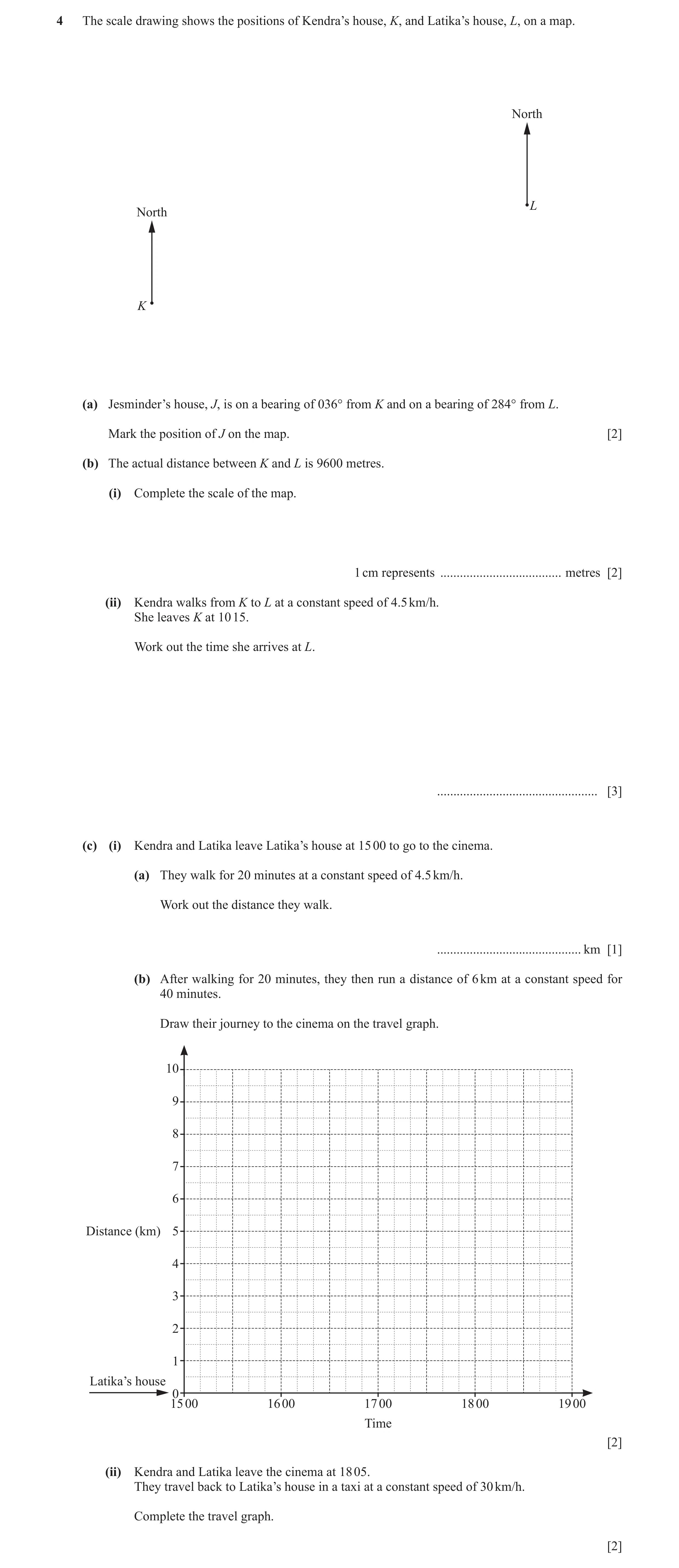 Question 50: The scale drawing shows the positions of Kendra’s house, K, and Latika’s house, L, on a map. North L North K (a) Jesminder’s house, J, is o…