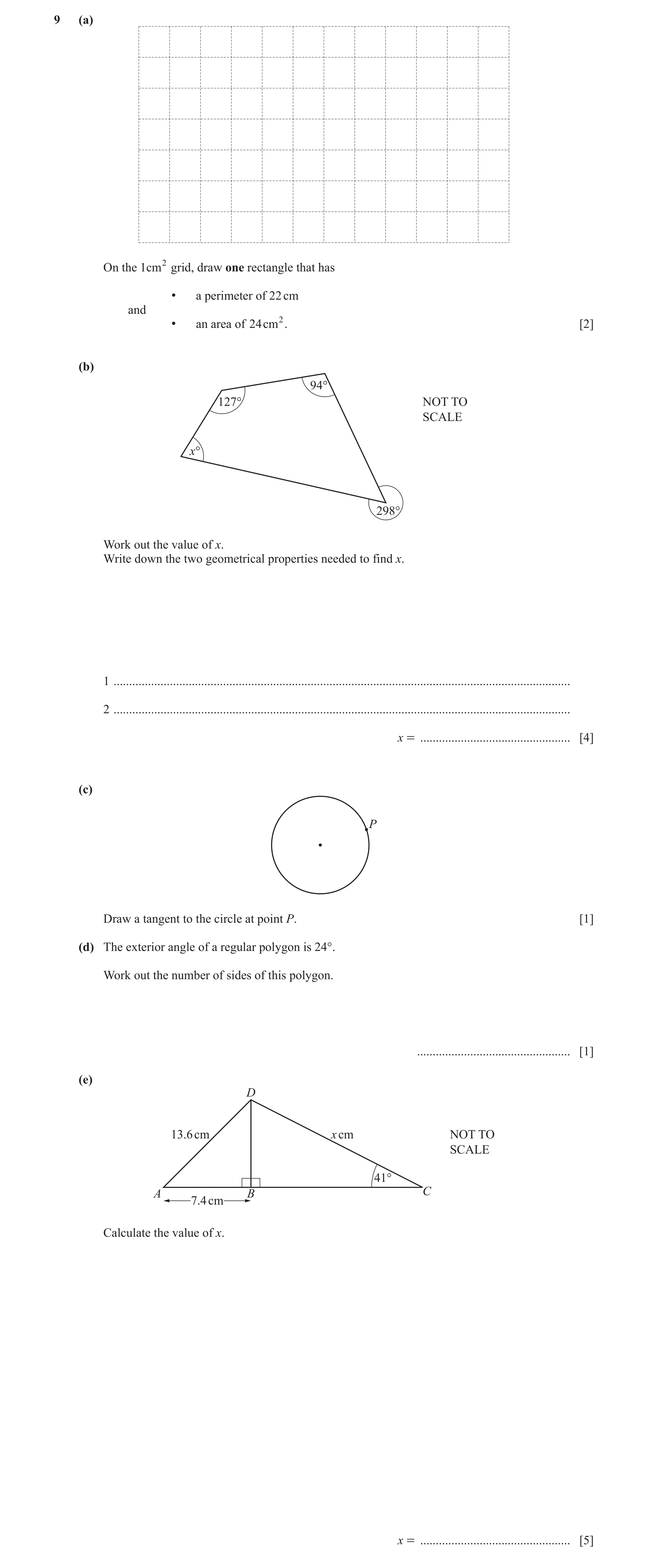 Question 69: (a) On the 1cm2 grid, draw one rectangle that has • a perimeter of 22 cm and • an area of 24cm2. [2] (b) 94° 127° NOT TO SCALE x° 298° Work…