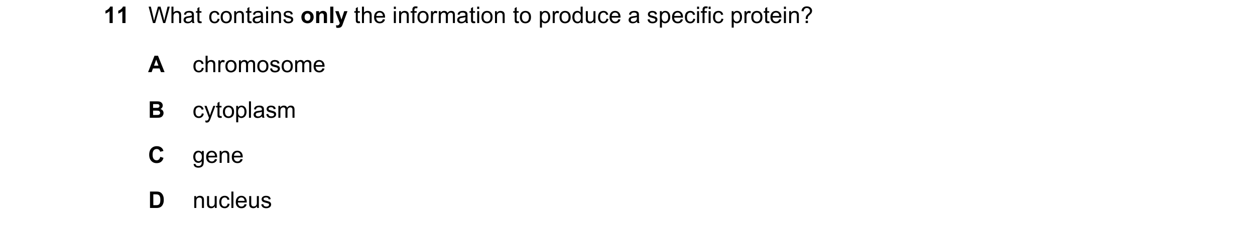 Question 12: What contains only the information to produce a specific protein? A chromosome B cytoplasm C gene D nucleus