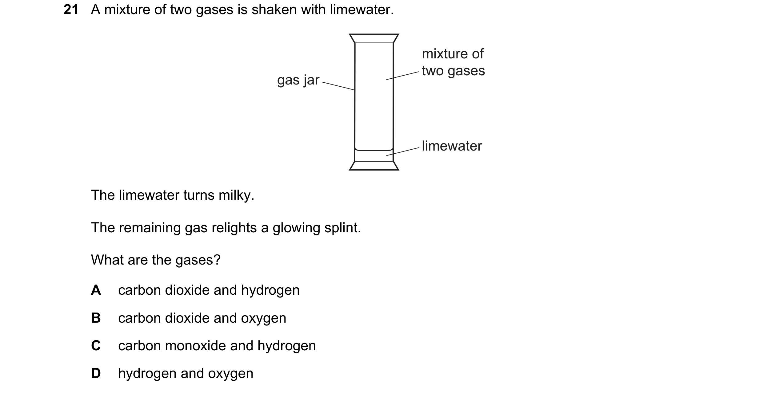 Question 82: A mixture of two gases is shaken with limewater. mixture of two gases gas jar limewater The limewater turns milky. The remaining gas religh…