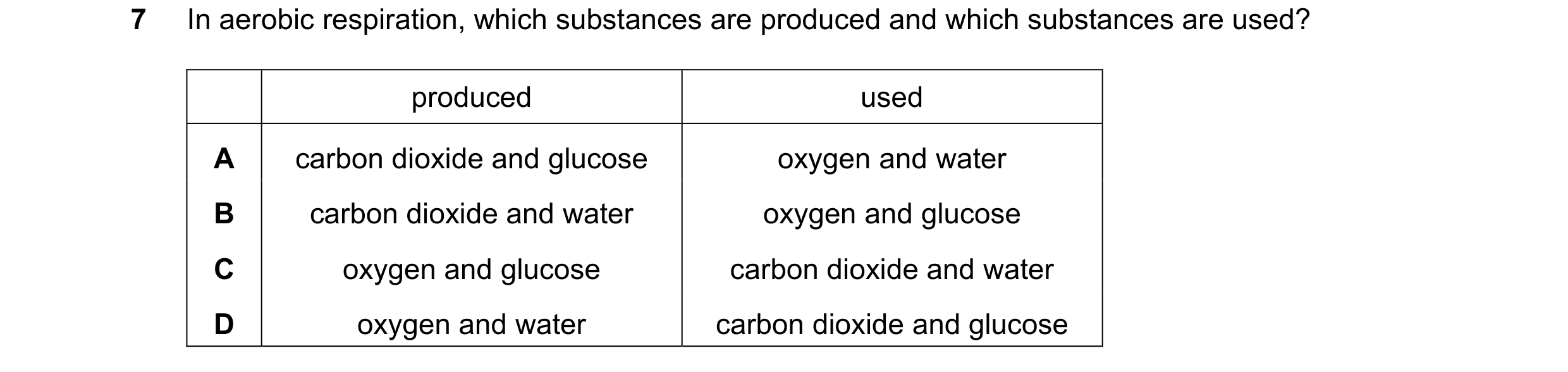 Question 48: In aerobic respiration, which substances are produced and which substances are used? produced used A carbon dioxide and glucose oxygen and …