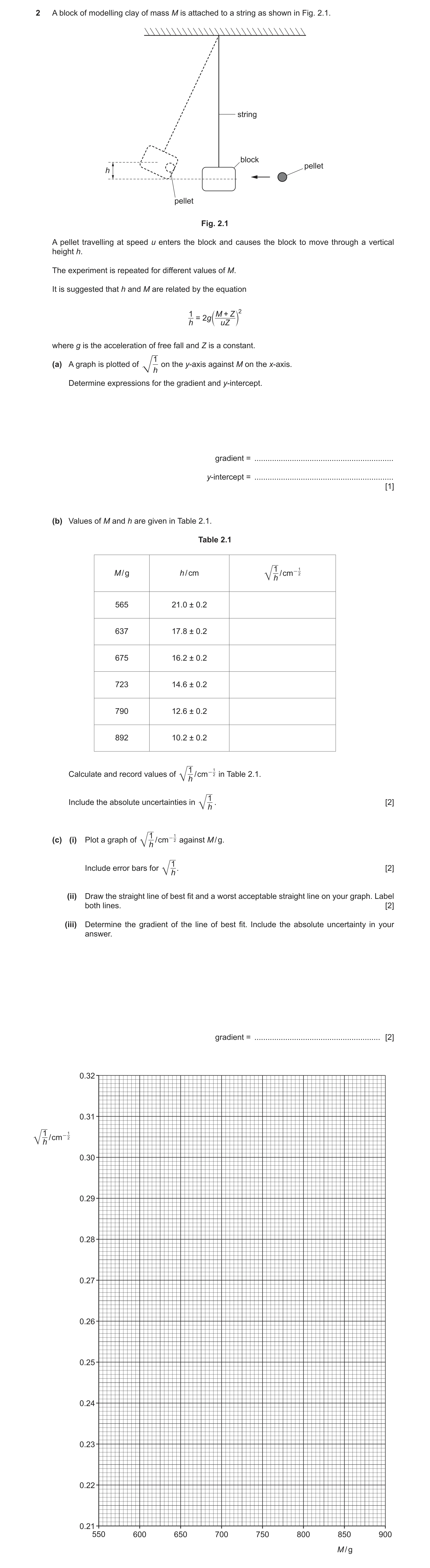 Question 12: A block of modelling clay of mass M is attached to a string as shown in Fig. 2.1. string block pellet h pellet Fig. 2.1 A pellet travelling…