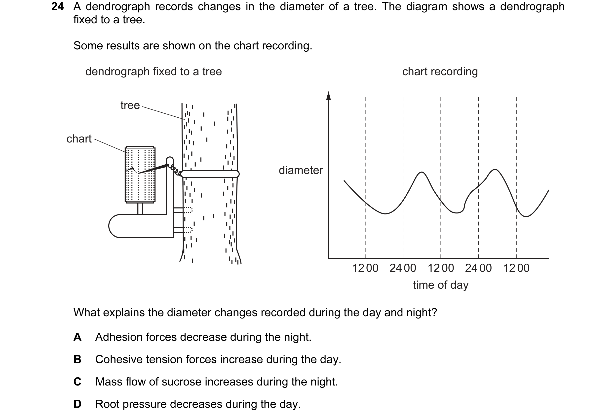 Question 146: A dendrograph records changes in the diameter of a tree. The diagram shows a dendrograph fixed to a tree. Some results are shown on the cha…