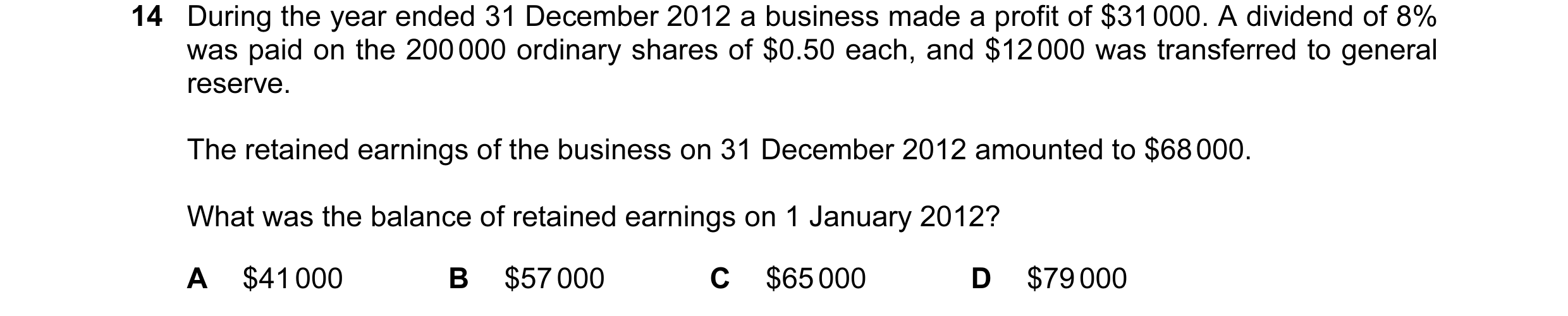 Question 277: During the year ended 31 December 2012 a business made a profit of $31 000. A dividend of 8% was paid on the 200 000 ordinary shares of $0.…