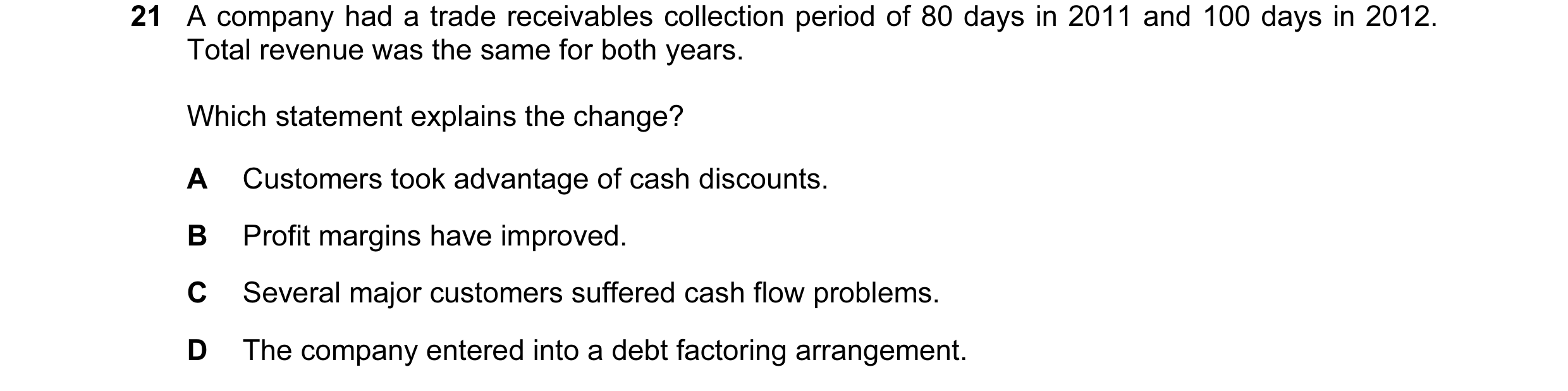 Question 137: A company had a trade receivables collection period of 80 days in 2011 and 100 days in 2012. Total revenue was the same for both years. Whi…