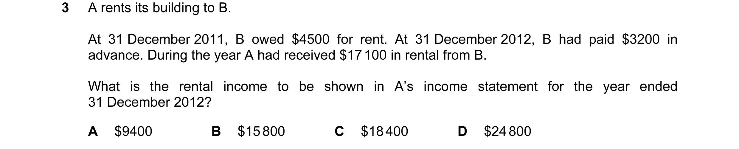 Question 273: A rents its building to B. At 31 December 2011, B owed $4500 for rent. At 31 December 2012, B had paid $3200 in advance. During the year A …