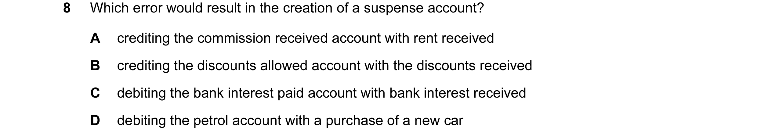 Question 91: Which error would result in the creation of a suspense account? A crediting the commission received account with rent received B crediting …