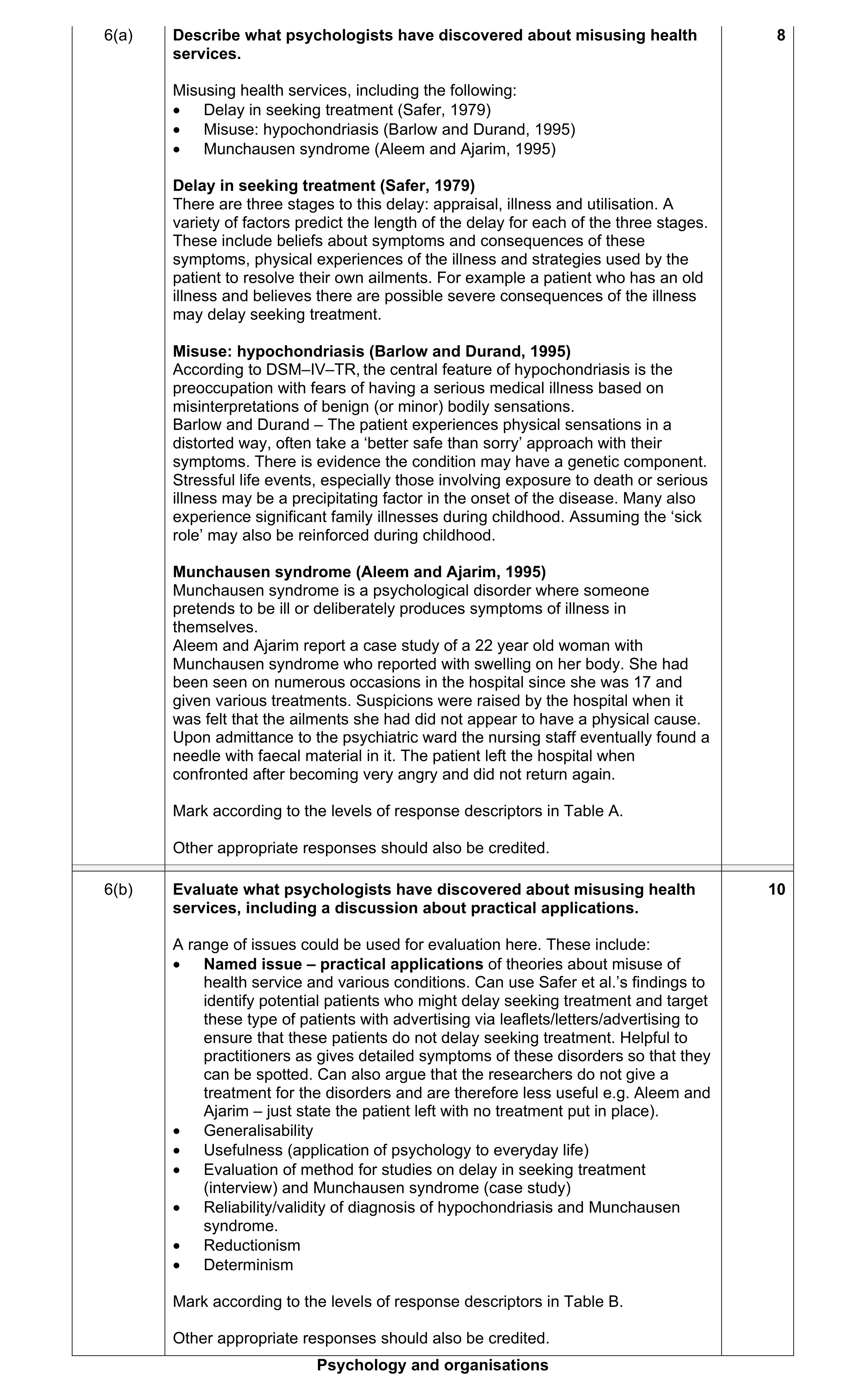 Mark scheme for question 10