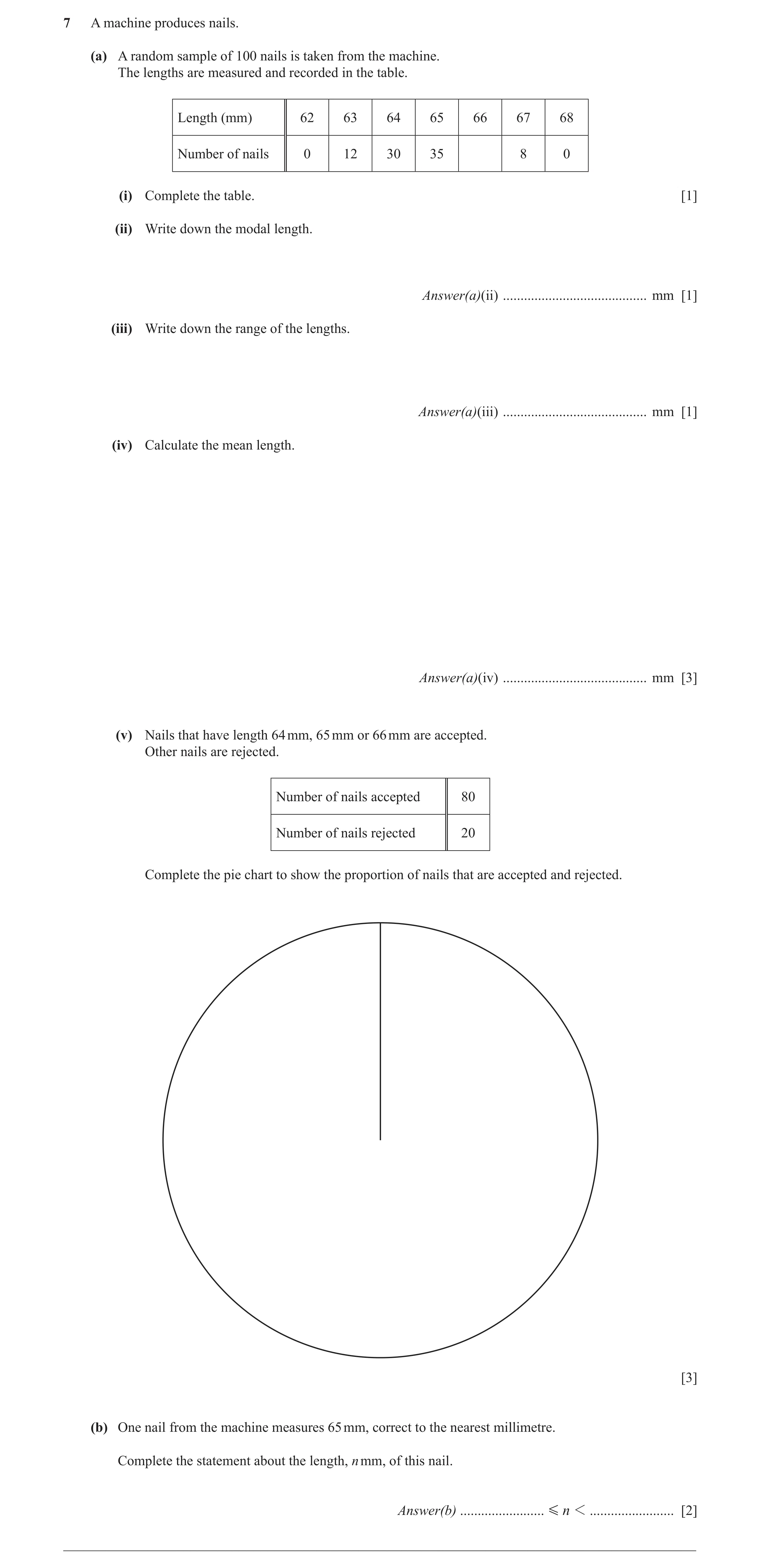 Question 31: A machine produces nails. (a) A random sample of 100 nails is taken from the machine. The lengths are measured and recorded in the table. L…
