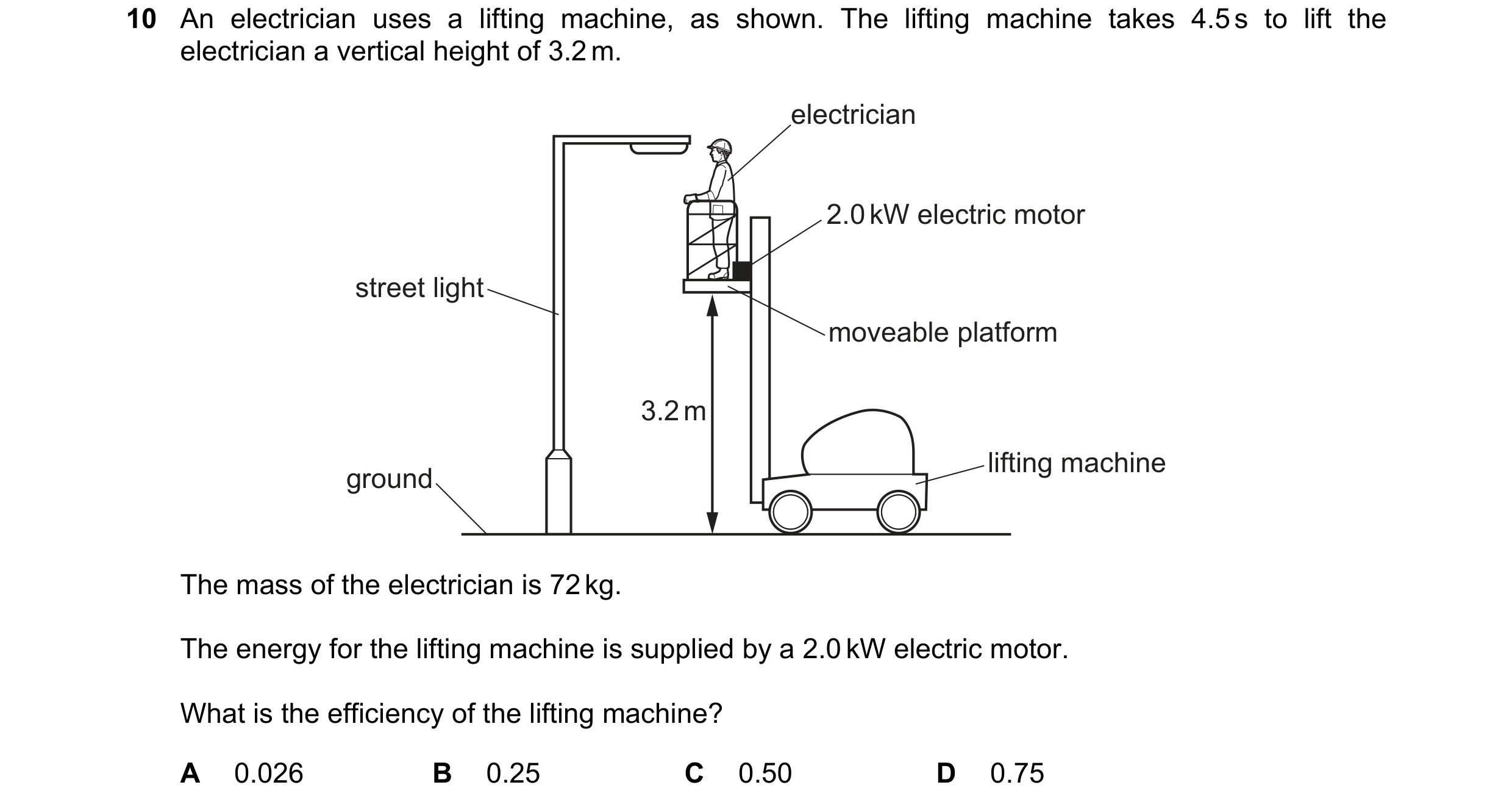 Question 193: An electrician uses a lifting machine, as shown. The lifting machine takes 4.5 s to lift the electrician a vertical height of 3.2 m. electr…