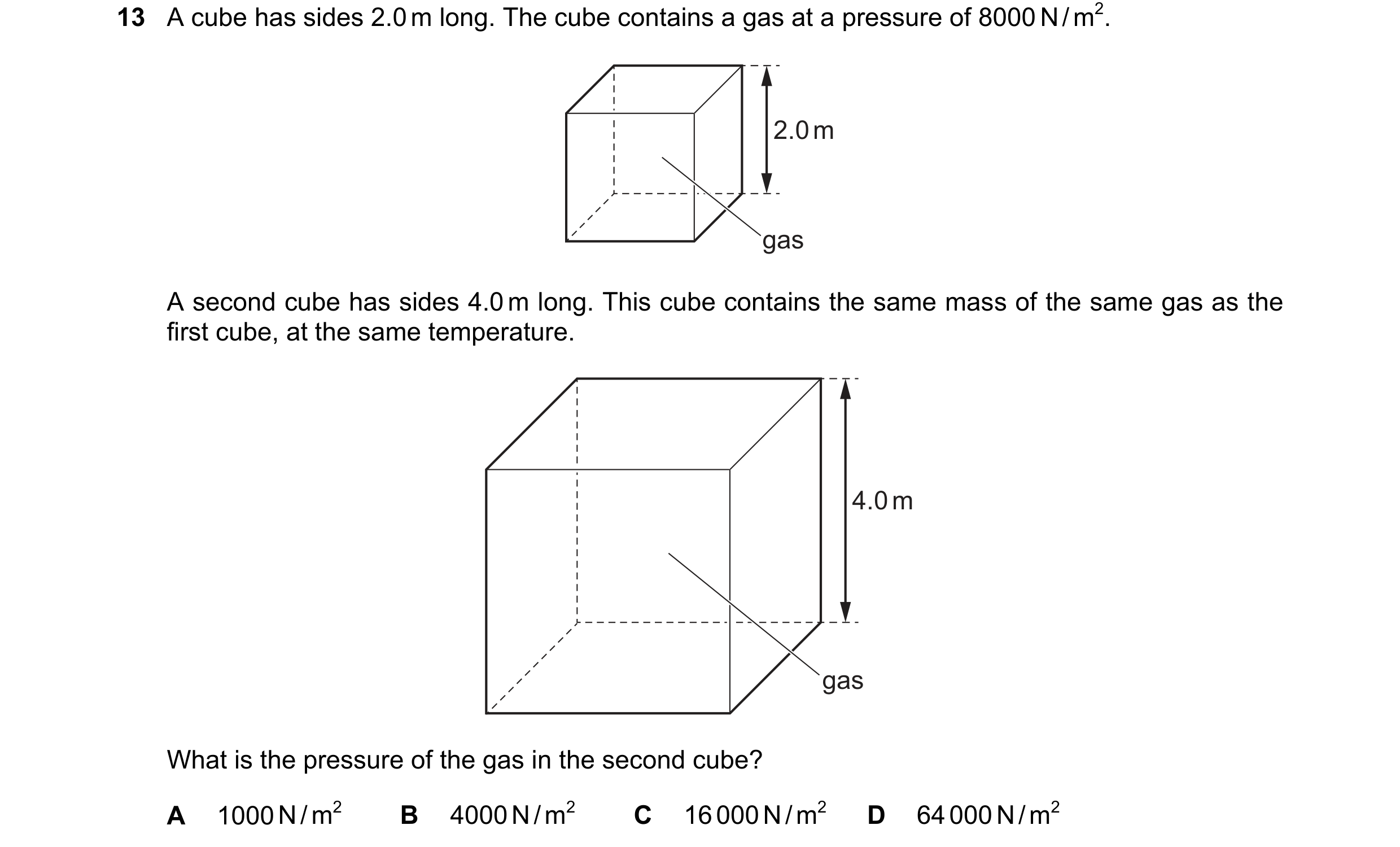 Question 145: A cube has sides 2.0 m long. The cube contains a gas at a pressure of 8000 N / m2. 2.0 m gas A second cube has sides 4.0 m long. This cube …