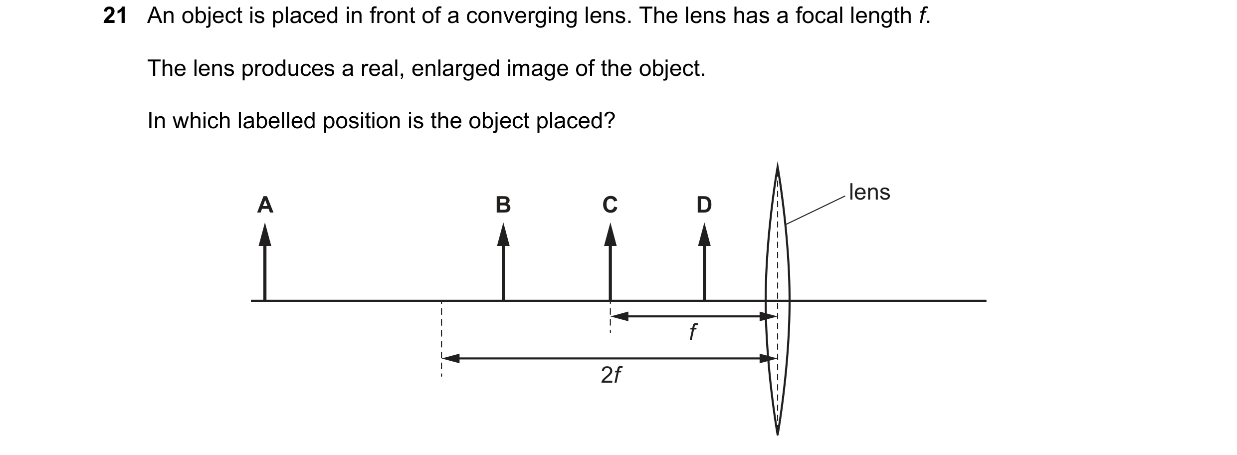 Question 172: An object is placed in front of a converging lens. The lens has a focal length f. The lens produces a real, enlarged image of the object. I…