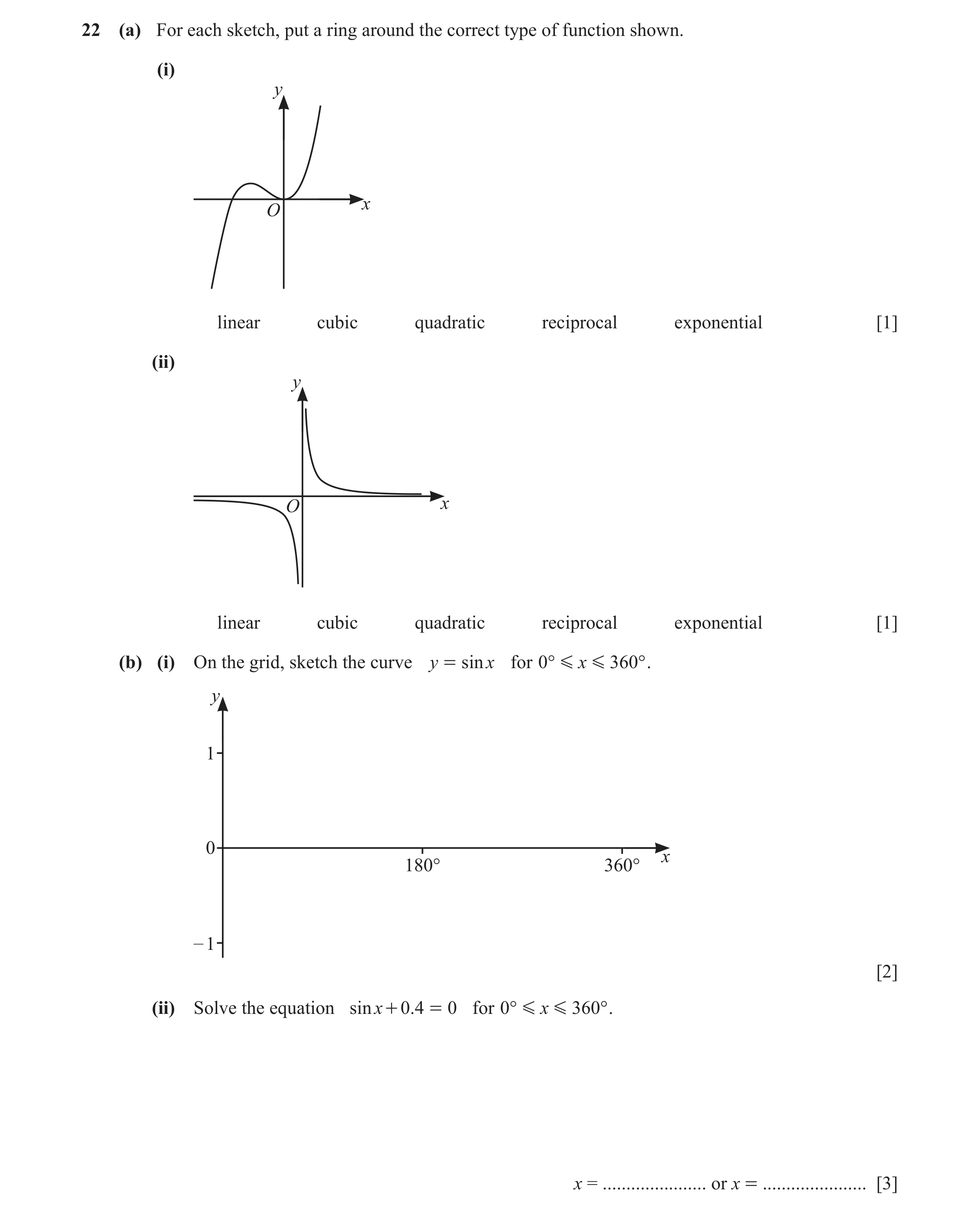 Question 10: (a) For each sketch, put a ring around the correct type of function shown. (i) y x O linear cubic quadratic reciprocal exponential [1] (ii)…