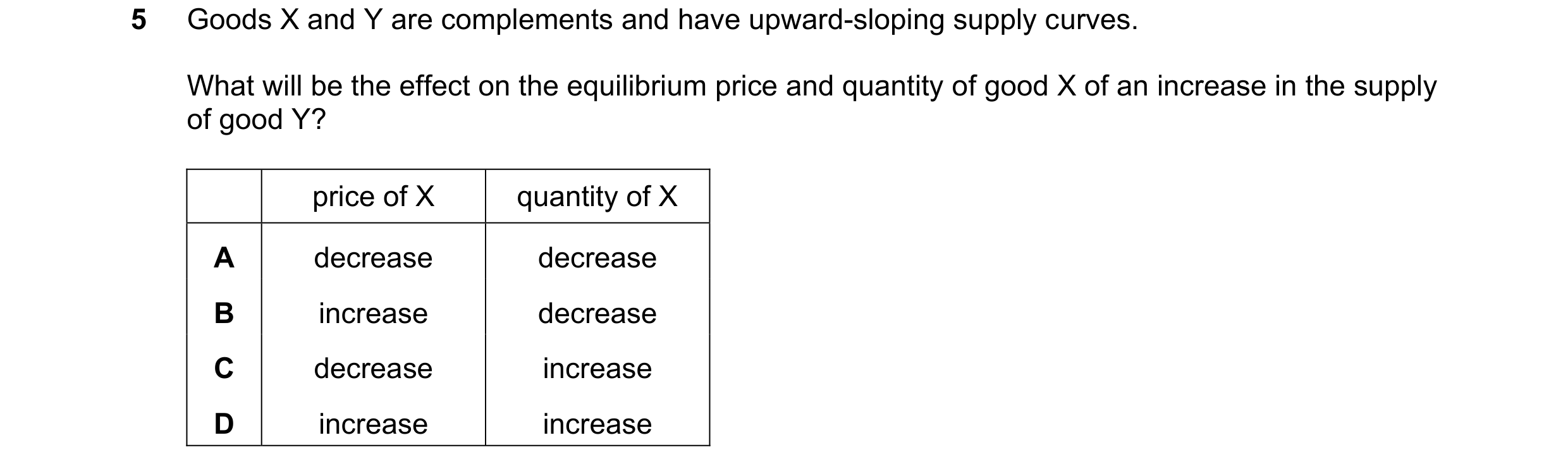 Question 296: Goods X and Y are complements and have upward-sloping supply curves. What will be the effect on the equilibrium price and quantity of good …